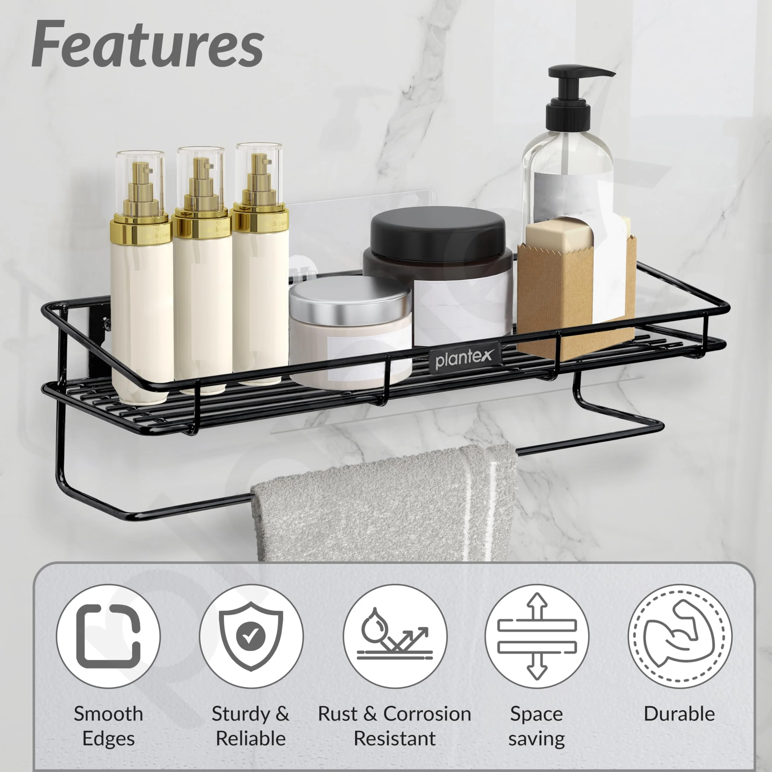 Plantex Bathroom Organizer Without Drill/GI Steel Multipurpose Bathroom Shelf/Wall Mounted Storage Rack/Towel Holder/Self Adhesive Bathroom Shelf- Wall Mount (Black) - Image 2