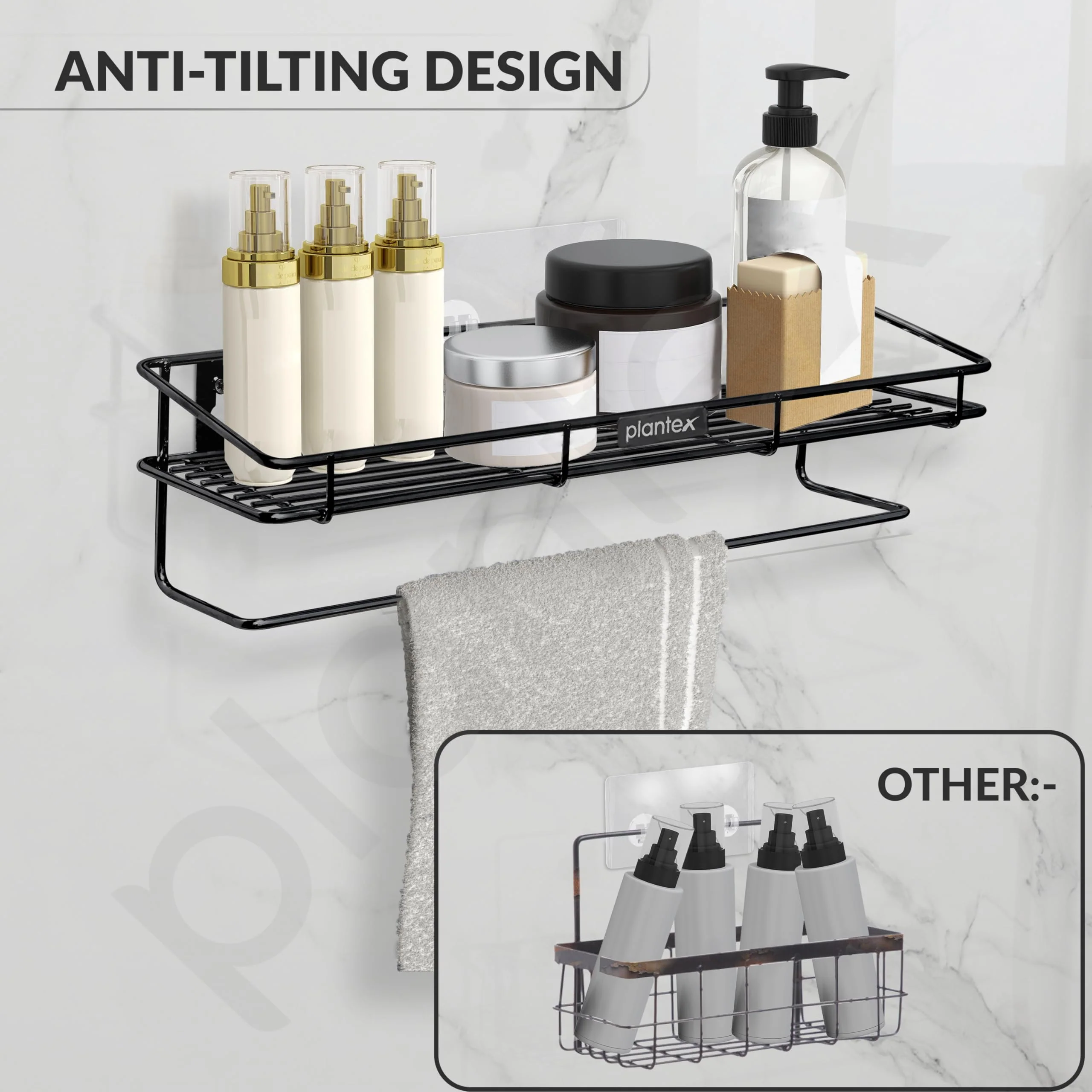 Plantex Bathroom Organizer Without Drill/GI Steel Multipurpose Bathroom Shelf/Wall Mounted Storage Rack/Towel Holder/Self Adhesive Bathroom Shelf- Wall Mount (Black) - Image 5