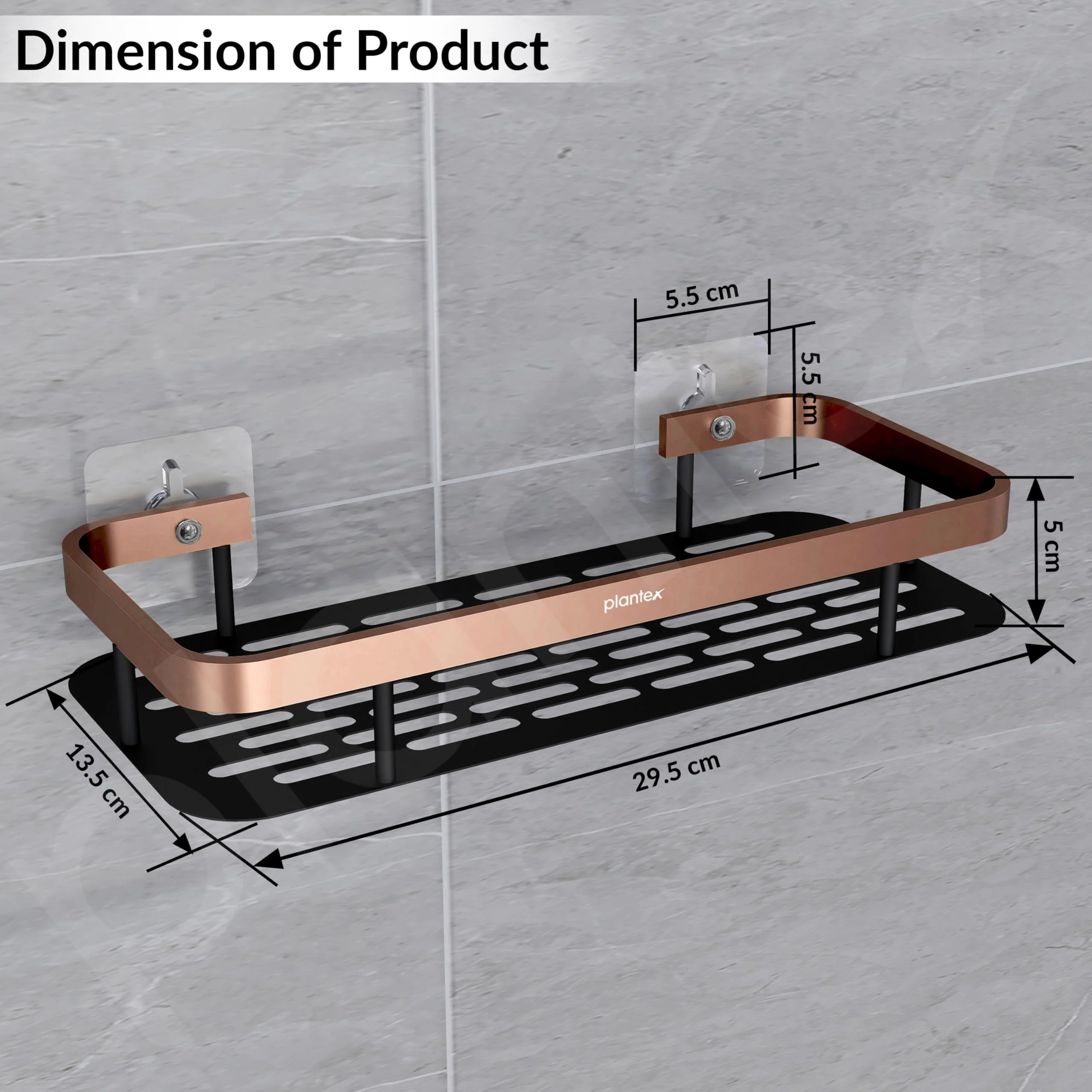 Plantex Bathroom Organizer Without Drill/Self Adhesive Stainless Steel Shelf For Bathroom with Aluminium Railing- Pack of 1 (12x5 inches, Copper & Black) Wall Mount, Bracket Shelf - Image 5