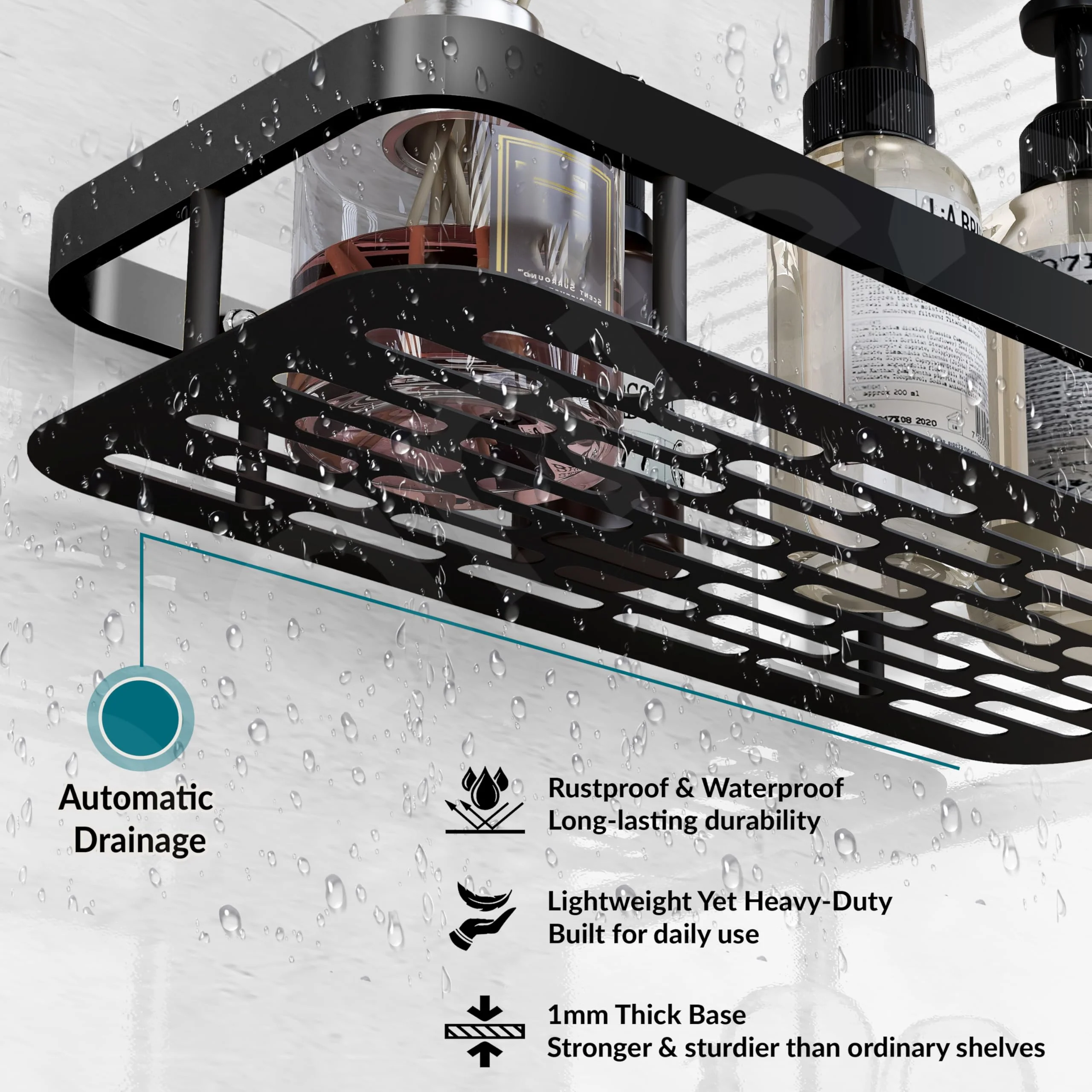 Plantex Self Adhesive Bathroom Shelf/Bathroom Organiser Without Drill/Stainless Steel Bathroom Shelf Rack with Aluminium Railing/Kitchen Stand-Pack of 1(12x5 inch, Black) - Image 2