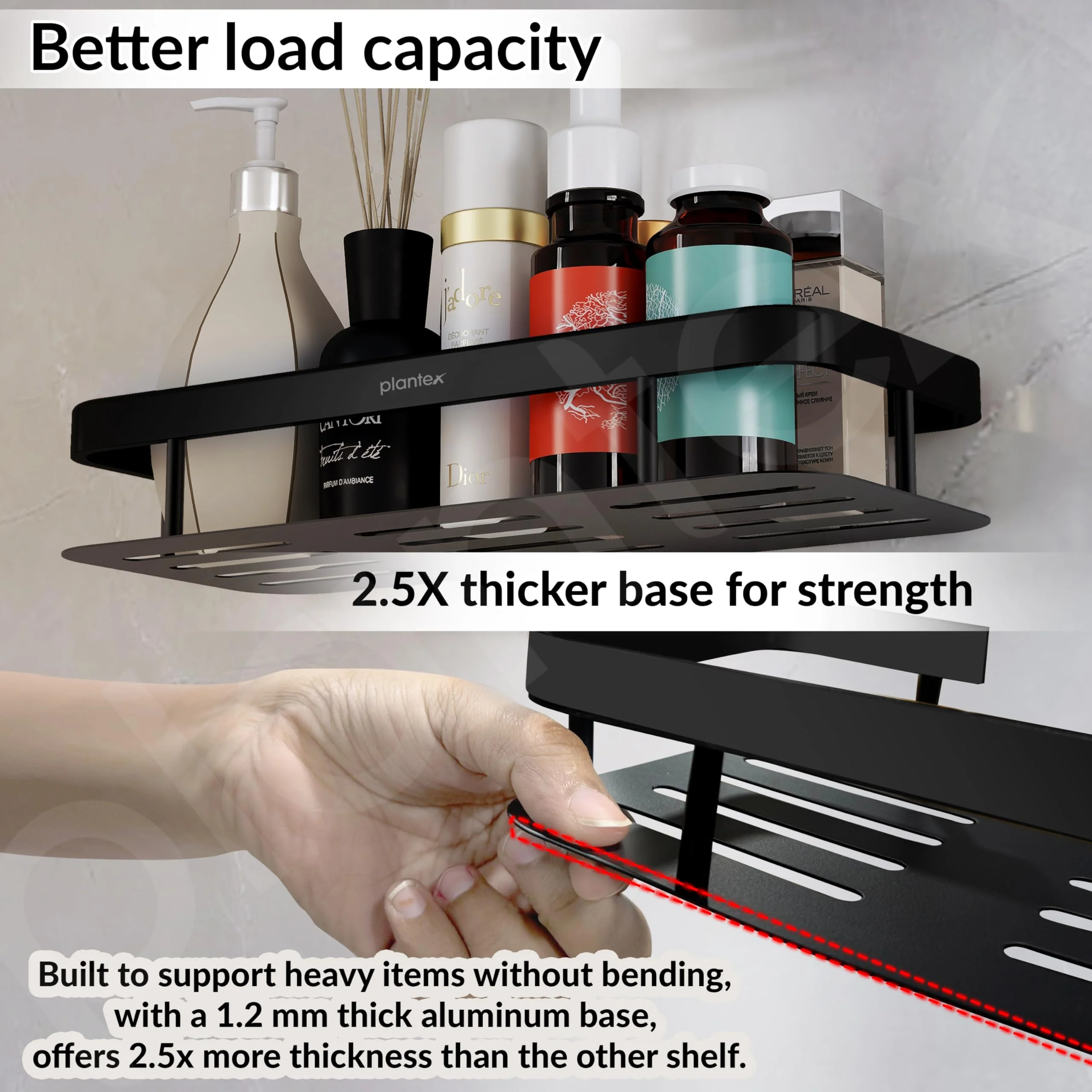 Plantex Bathroom Shelf for Wall/Wall Mounted Shelves Without Drill/Self Adhesive Bathroom Shelf/Rack/Kitchen Organizer with Magic Sticker(12x5 inches, Matt Black) - Image 2