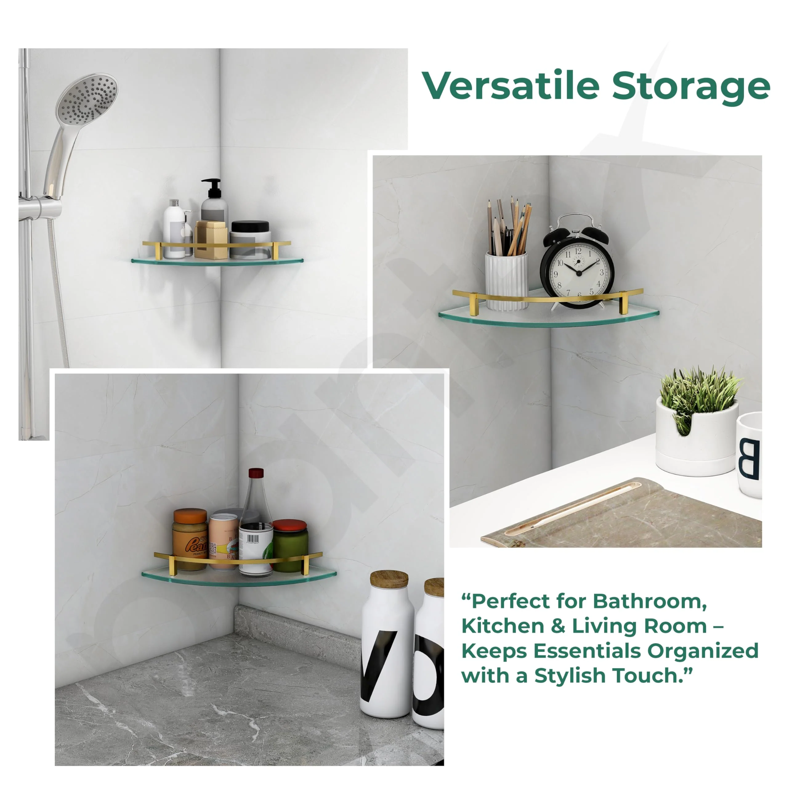Plantex Bathroom Side Corner Glass Shelf/Kitchen Glass Corner Shelf/Living Room Wall Mount Shelf with Brass Antique Railings and Brackets (9x9 Inches, Pack of 2 - Frosted) - Image 7