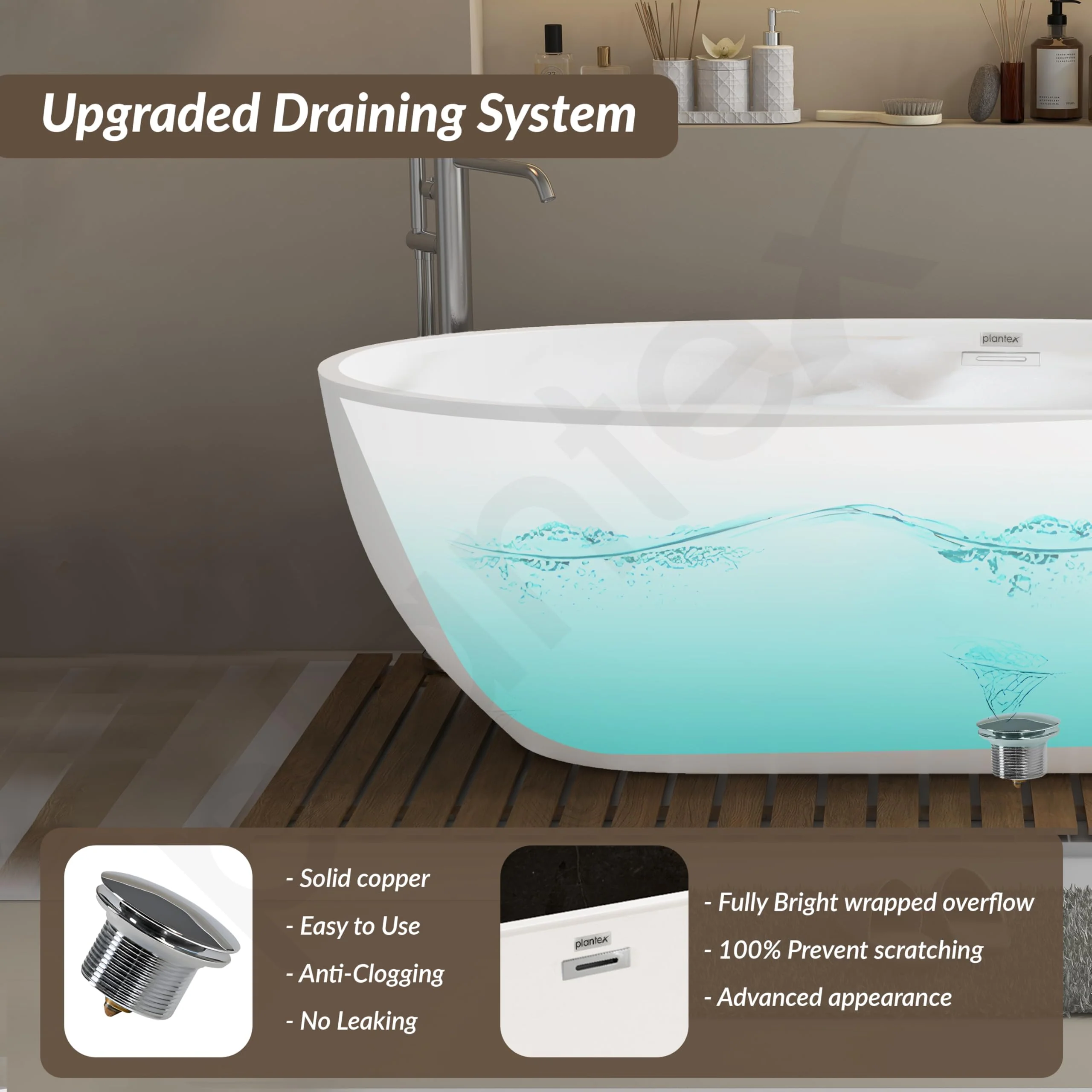 Plantex Bathtub For Bathroom/Bath tub for Adults/Deep Soaker Freestanding Bathtub with Overflow, Popup and Drain Pipe (BSM-211-White-1700mm) - Image 7