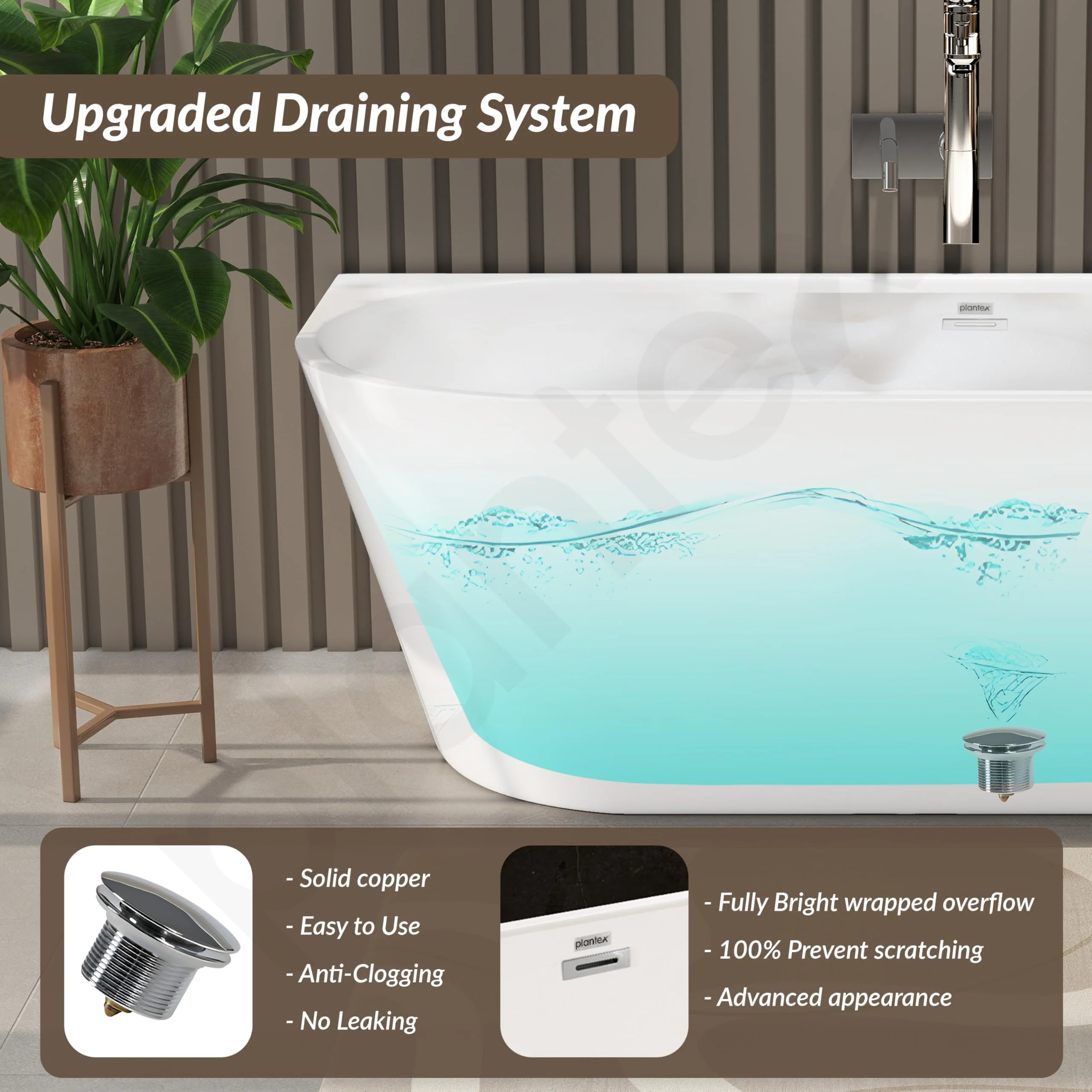 Plantex Bathtub For Bathroom/Freestanding Bath tub for Adults/Deep Soaker Bathtub with Overflow, Popup and Drain Pipe (BSM-207A-White-1700mm) - Image 2