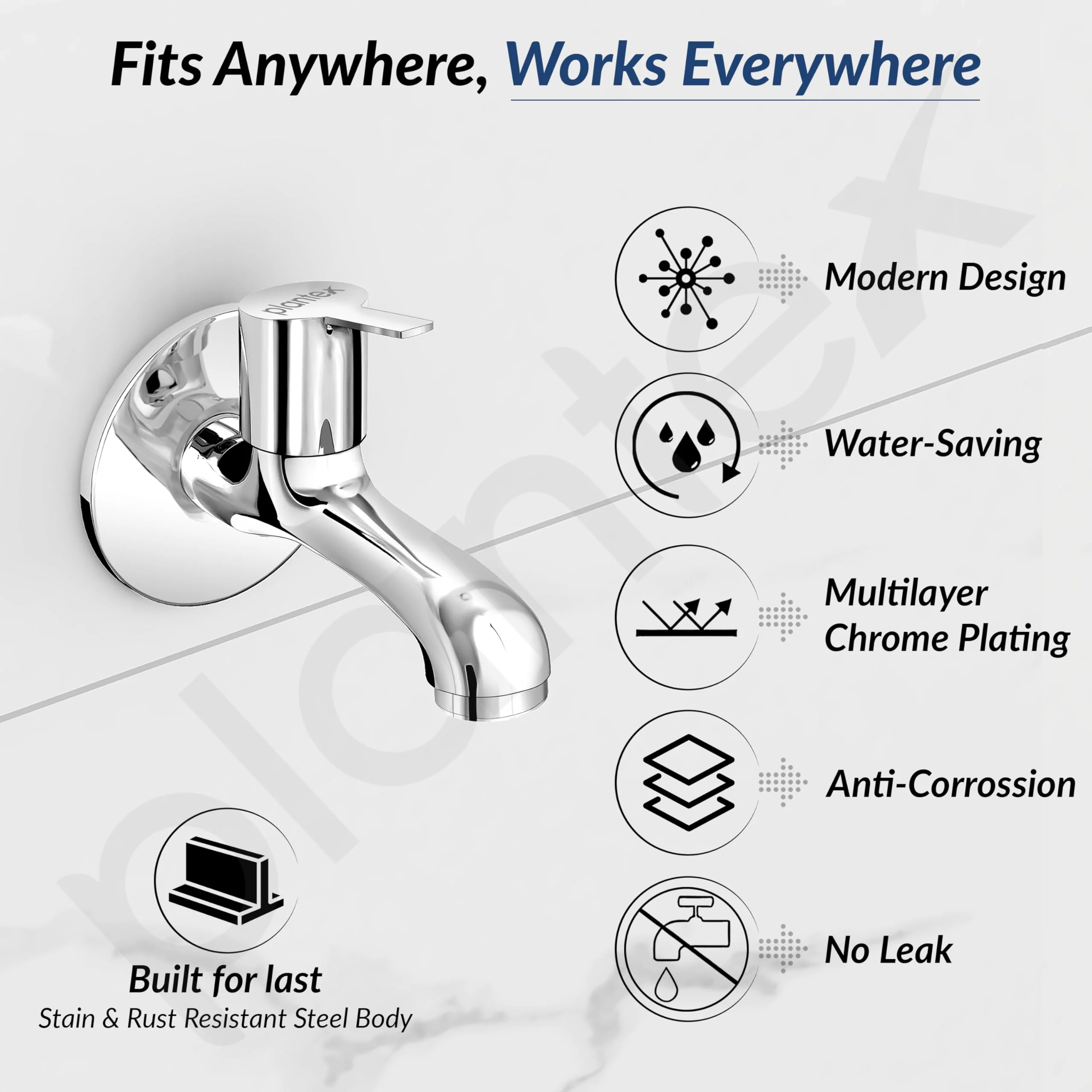 Plantex Bib Cock Tap for Bathroom/Long Body Taps/Wall Mount Tap for Wash Basin with Teflon Tape & Wall Flange - Pack of 1 (Rio, Chrome) - Image 3