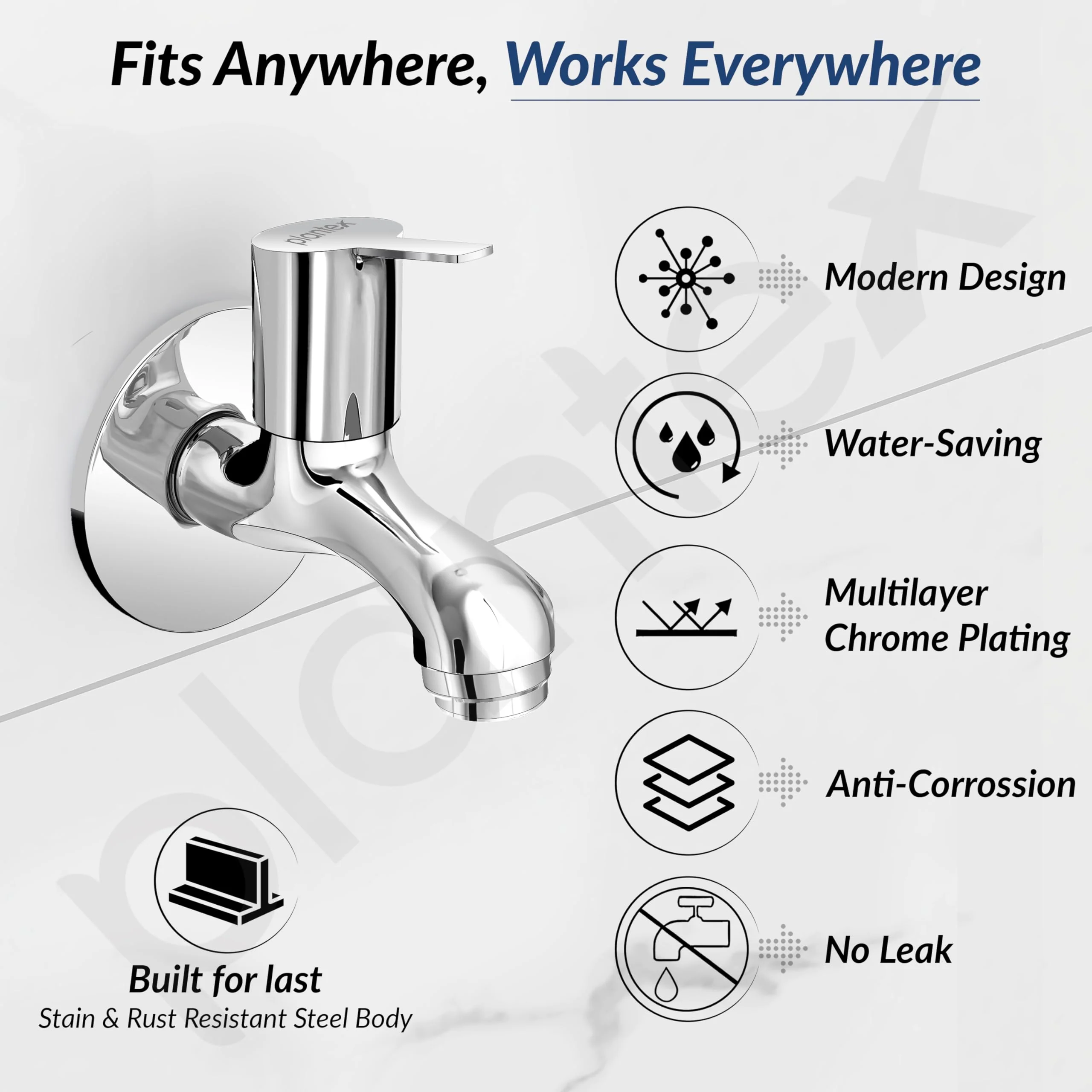 Plantex Bib Cock Tap for Bathroom/Short Body Taps/Wall Mount Tap for Wash Basin with Teflon Tape & Wall Flange - Pack of 1 (Rio, Chrome) - Image 3