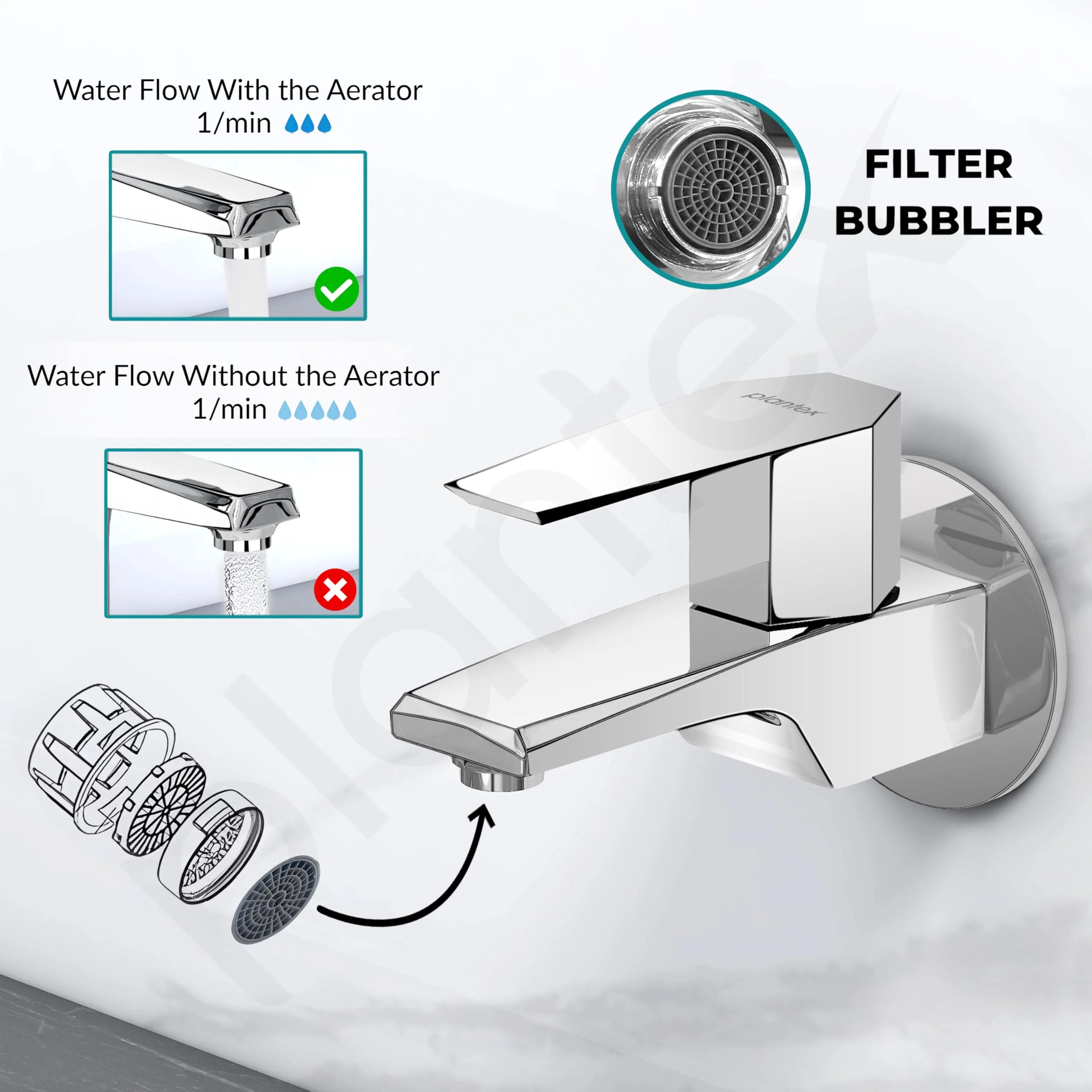 Plantex Bib Cock Water Tap for Bathroom with Water Saving Aerator/Wall Mount Tap for Wash Basin with Teflon Tape & Wall Flange, Chrome (Celesiya-1241) - Image 5