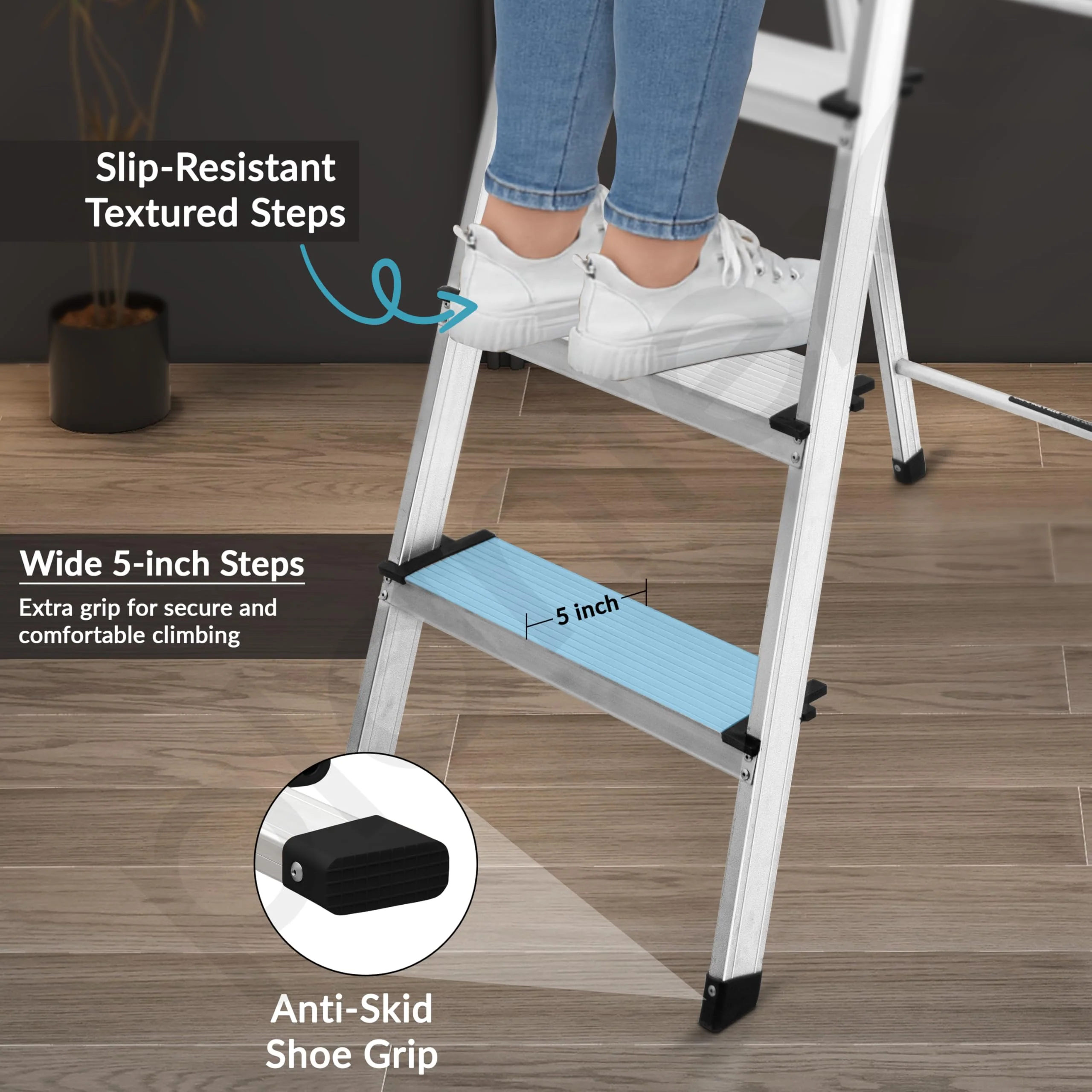 Plantex Big Foot 4 Step Ladder for Home/Fully Aluminium Folding Ladder/Wide Anti-Skid Steps (Black-Silver) - Image 2