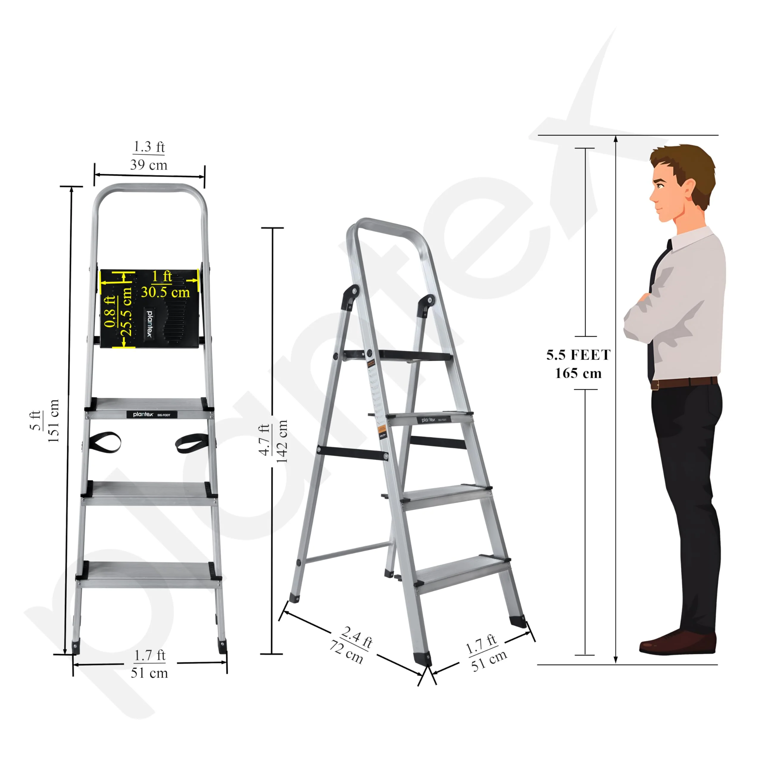 Plantex Big Foot 4 Step Ladder for Home/Fully Aluminium Folding Ladder/Wide Anti-Skid Steps (Black-Silver) - Image 3