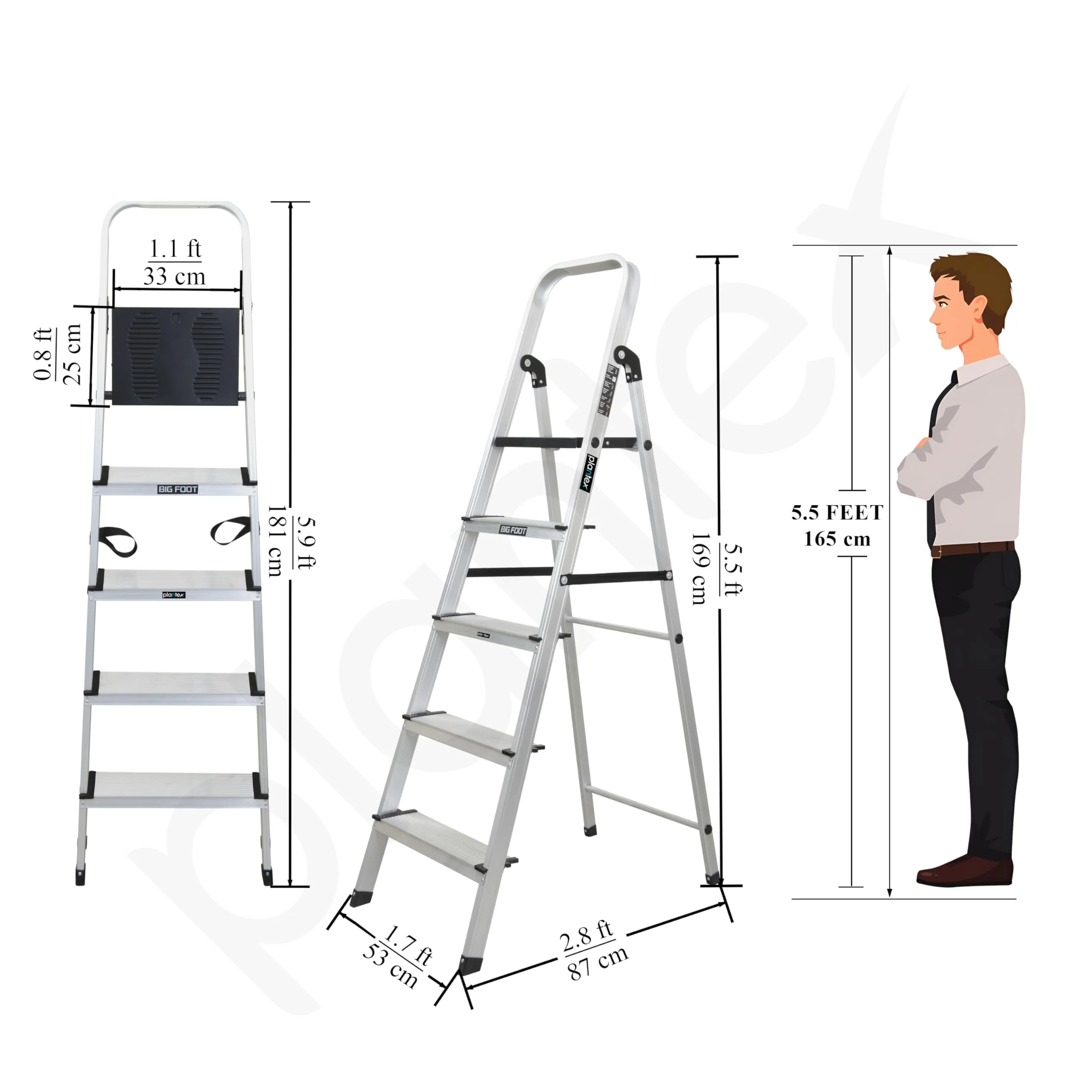 Plantex Big Foot 5 Step Foldable Aluminium Ladder/Step Ladder for Home Use with Wide Anti-Slip Steps and Secured Joints/5-Year Manufacturer Warranty(Black & Silver) - Image 3