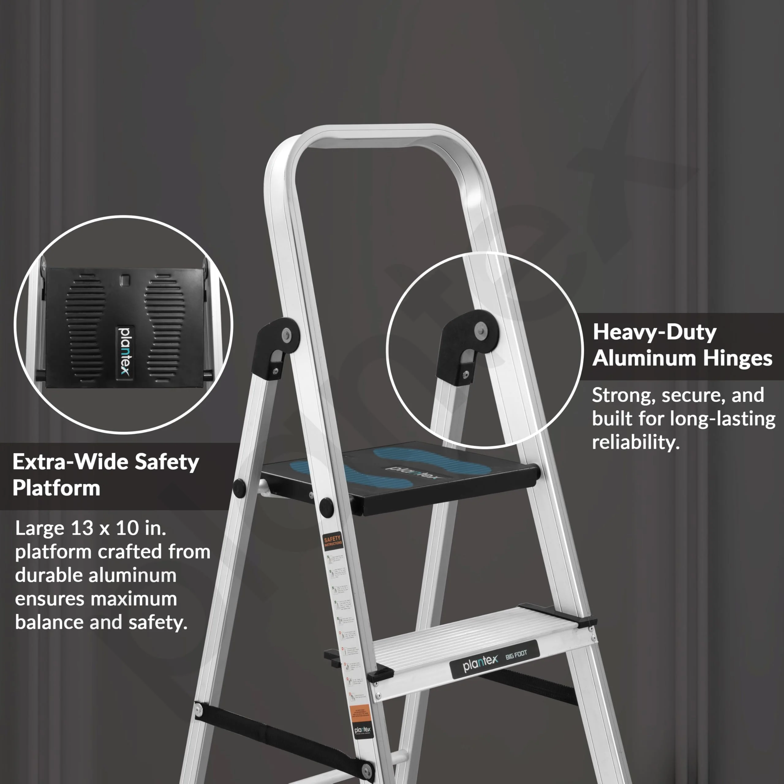 Plantex Big Foot 5 Step Foldable Aluminium Ladder/Step Ladder for Home Use with Wide Anti-Slip Steps and Secured Joints/5-Year Manufacturer Warranty(Black & Silver) - Image 4