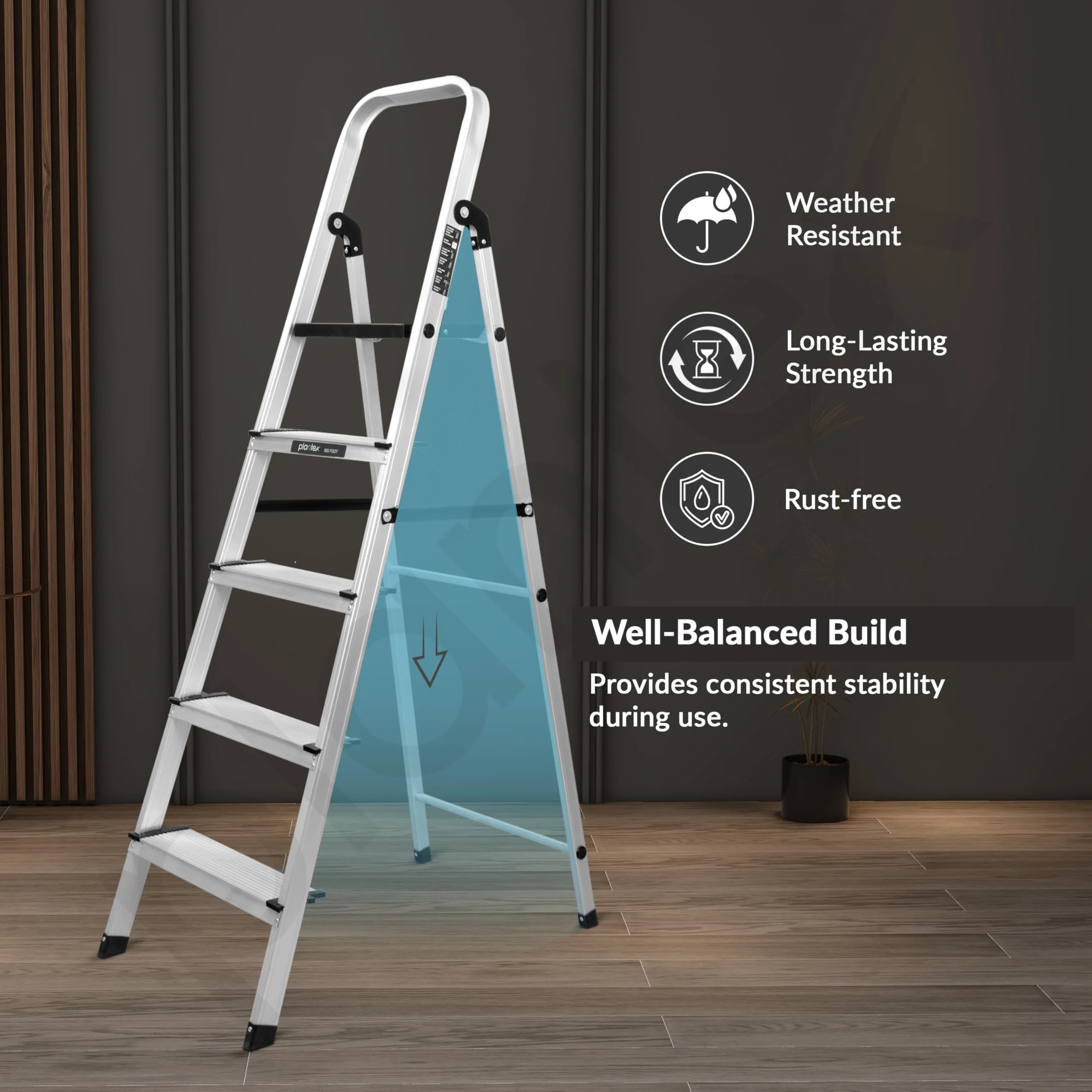 Plantex Big Foot 5 Step Foldable Aluminium Ladder/Step Ladder for Home Use with Wide Anti-Slip Steps and Secured Joints/5-Year Manufacturer Warranty(Black & Silver) - Image 5