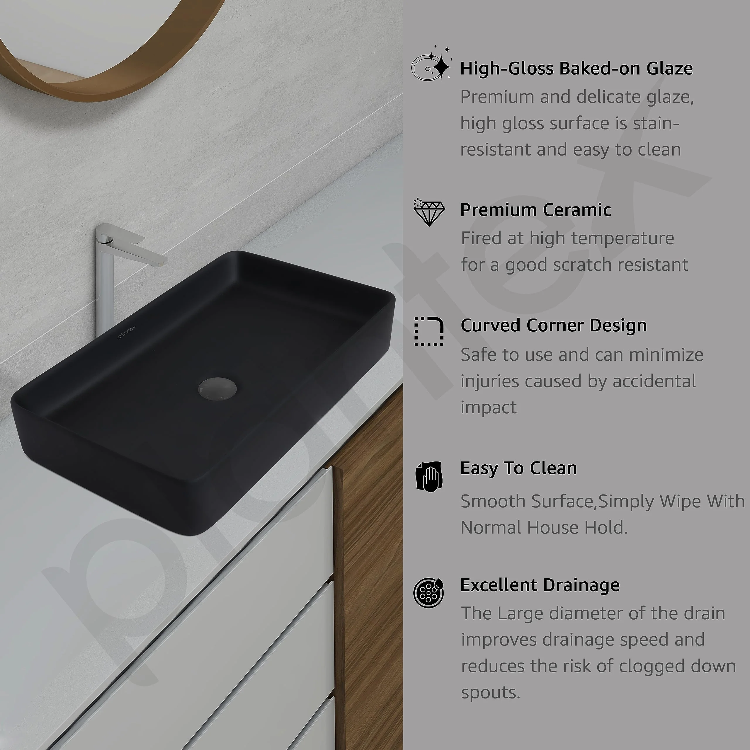 Plantex Black Tabletop Basin for Bathroom/Countertop Wash Basin/Ceramic Bathroom Basin/Washbasin for Restaurant, Hotel(Matt Black Finish, 24 x 13 x 5 Inch) - Image 3