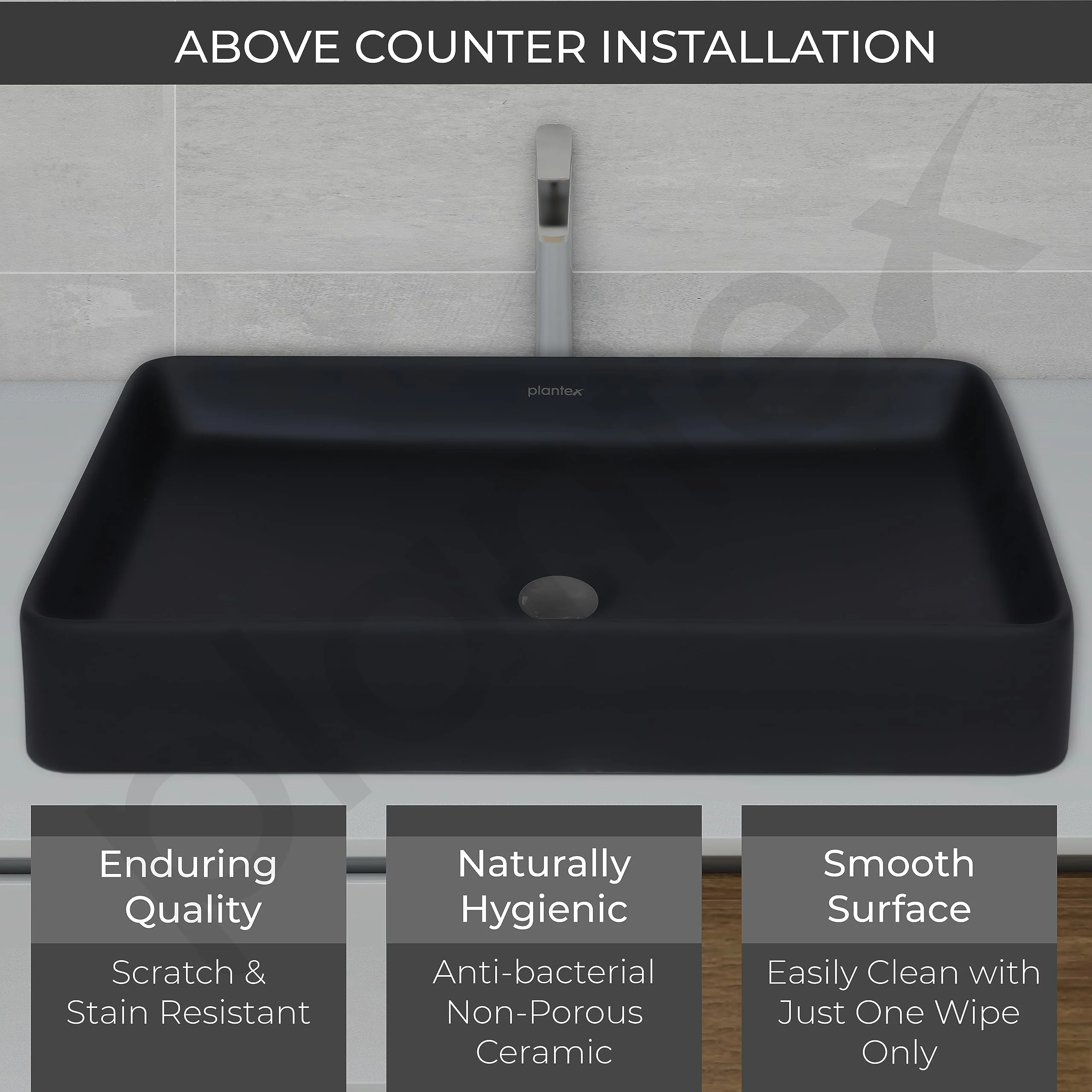 Plantex Black Tabletop Basin for Bathroom/Countertop Wash Basin/Ceramic Bathroom Basin/Washbasin for Restaurant, Hotel(Matt Black Finish, 24 x 13 x 5 Inch) - Image 4