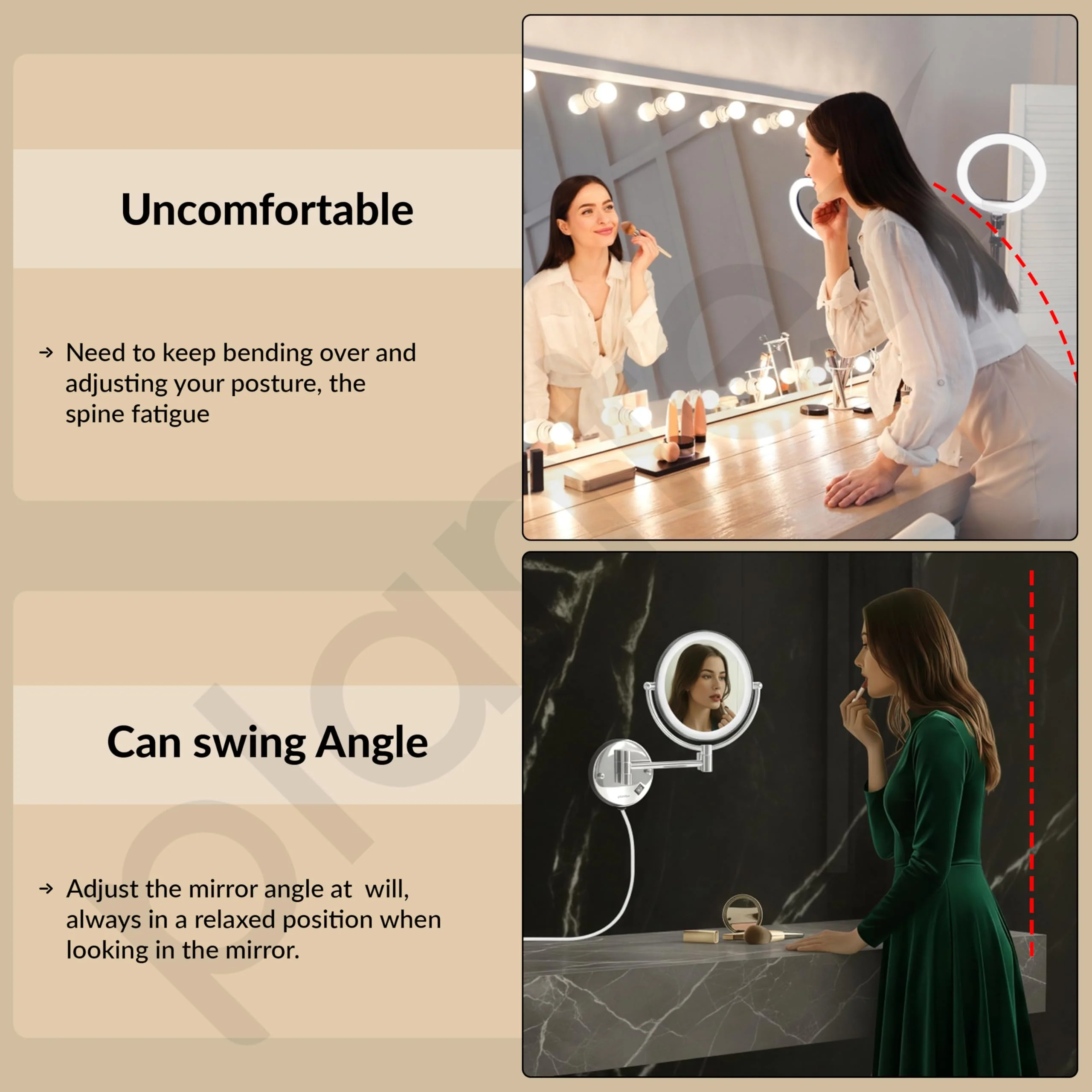 Plantex Brass and 304 Stainless-Steel Magnifying Mirror with LED/Makeup Mirror with Light/Zoom Mirror- 5x/1x Magnification (8 Inch-Chrome/Wall Mount) - Image 3