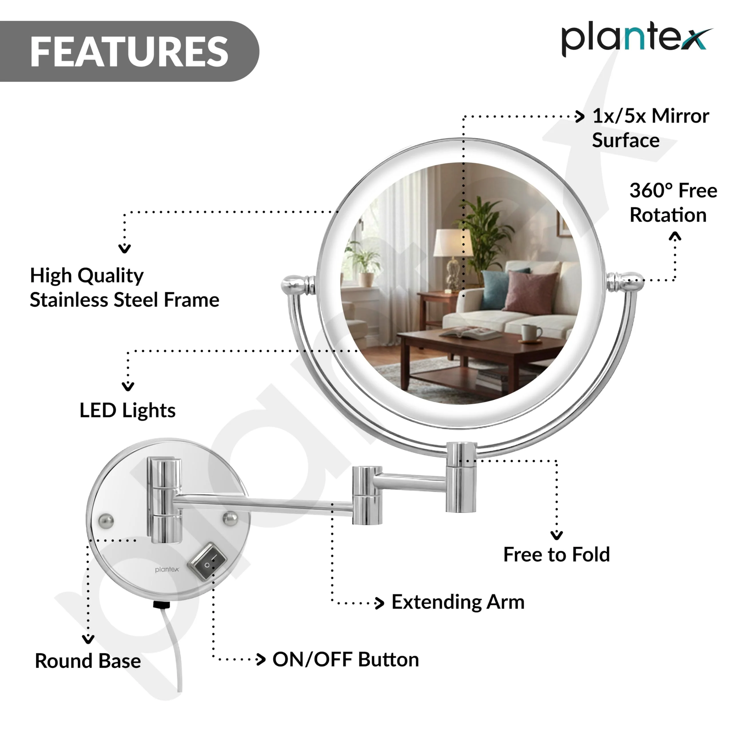 Plantex Brass and 304 Stainless-Steel Magnifying Mirror with LED/Makeup Mirror with Light/Zoom Mirror- 5x/1x Magnification (8 Inch-Chrome/Wall Mount) - Image 6