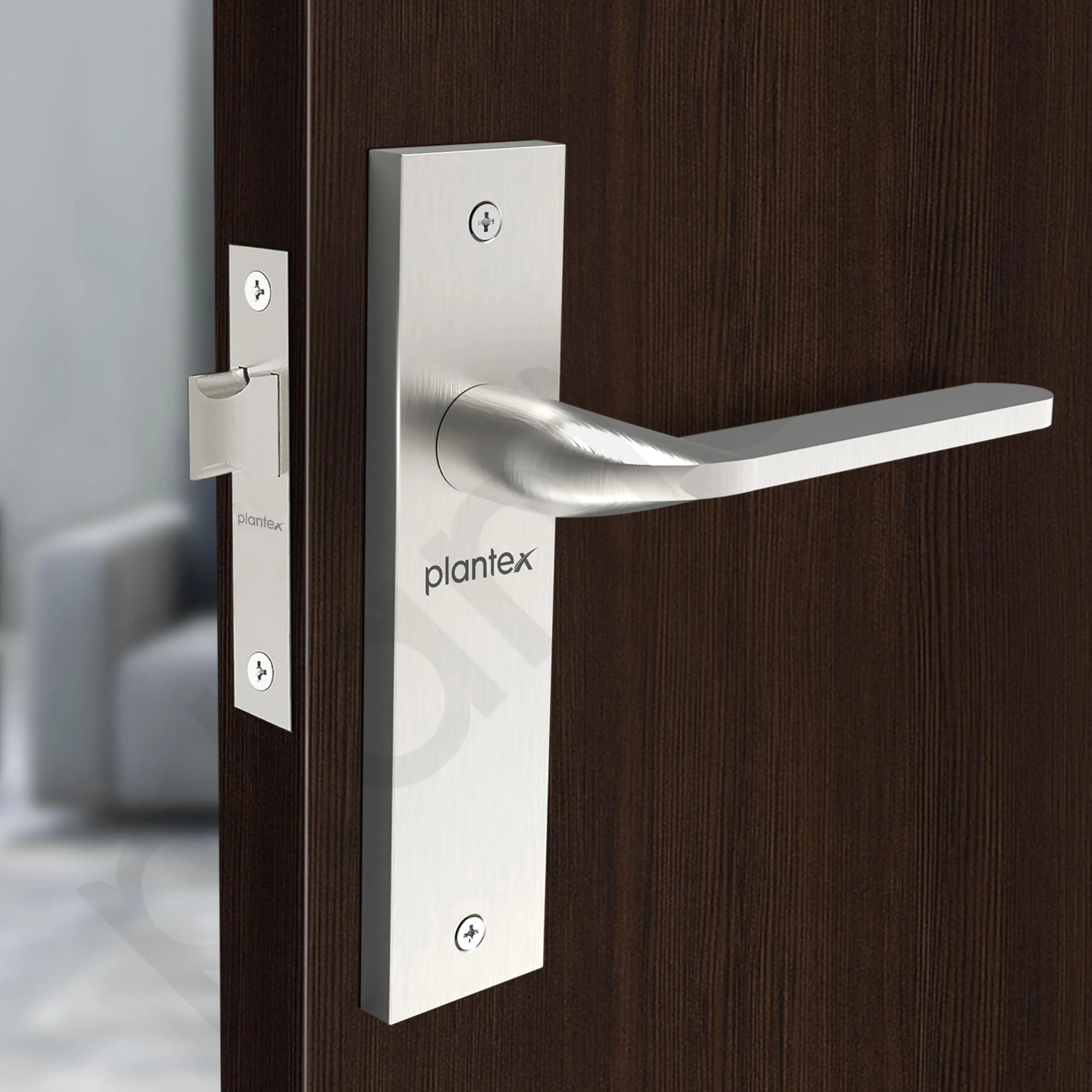 Plantex Brass Heavy Duty Door Lock Bathroom Door Lock/Mortise 8Inch Keyless Plate Handle Set For Home/Bathroom/Store Room/Balcony/Office With Baby Latch (8060, Matt), Silver - Image 4