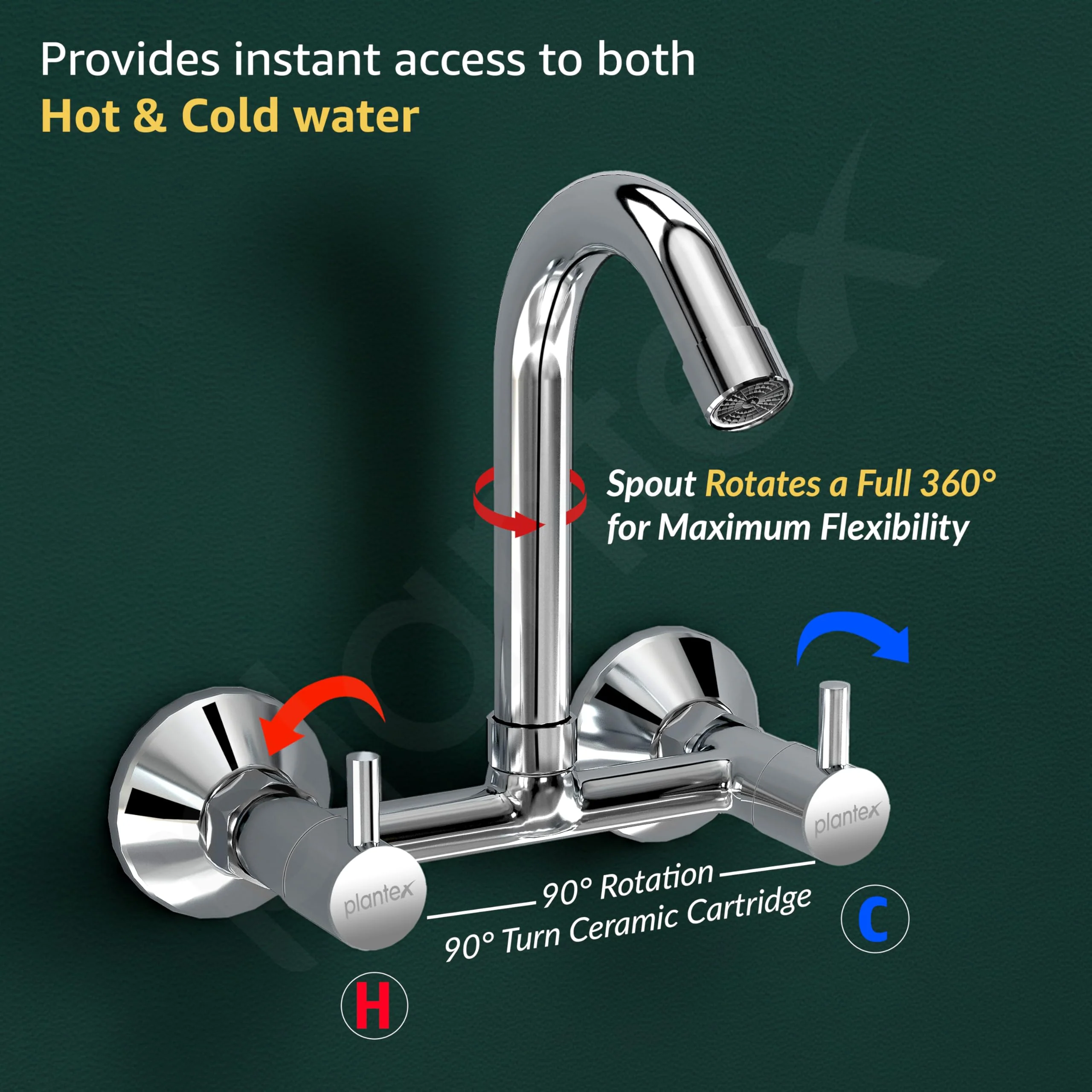 Plantex Brass Spindle Kitchen Mixer Tap/Sink Mixer Tap Hot and Cold with Wall Flange and Teflon Tape/Kitchen Sink Tap -(MKS-1278-Chrome) - Image 5