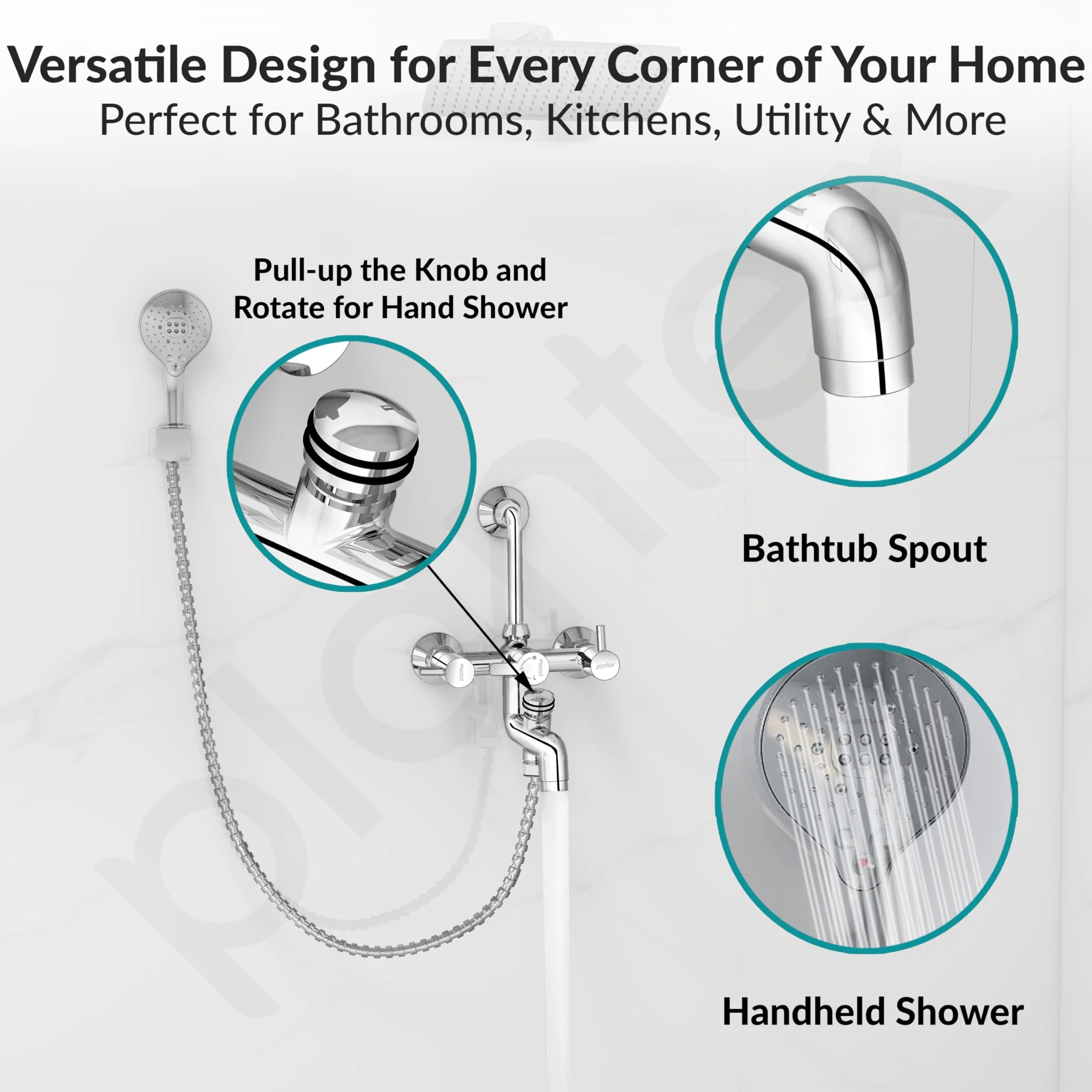 Plantex Brass Wall Mixer for Bathroom 3 in 1/L-Bend Connector for Overhead Shower/Hand Shower/Spout Mixer Tap/Mixture Tap for Bathroom with 7-Year Manufacturer's Warranty-(Ico-919-Chrome) - Image 2