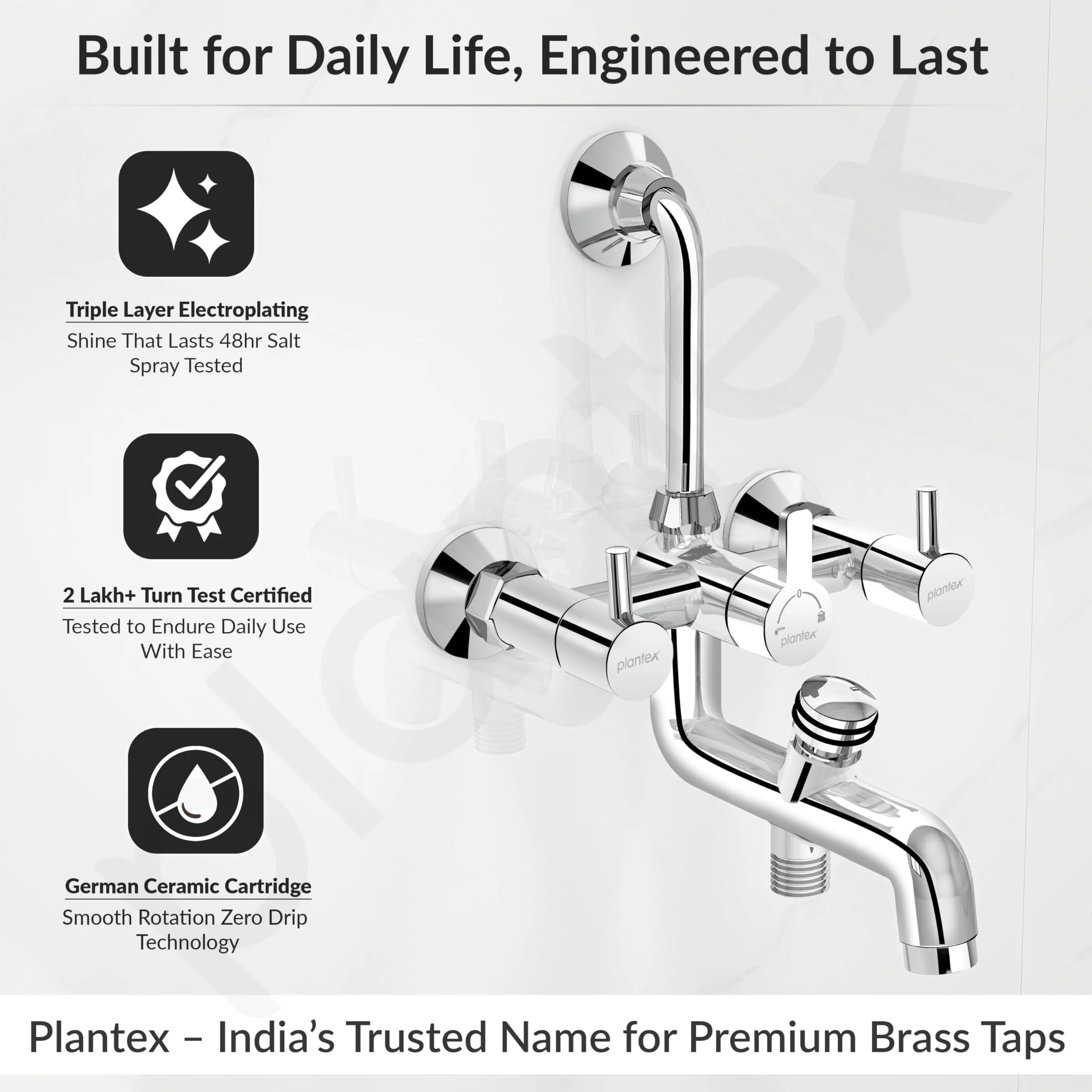 Plantex Brass Wall Mixer for Bathroom 3 in 1/L-Bend Connector for Overhead Shower/Hand Shower/Spout Mixer Tap/Mixture Tap for Bathroom with 7-Year Manufacturer's Warranty-(Ico-919-Chrome) - Image 4
