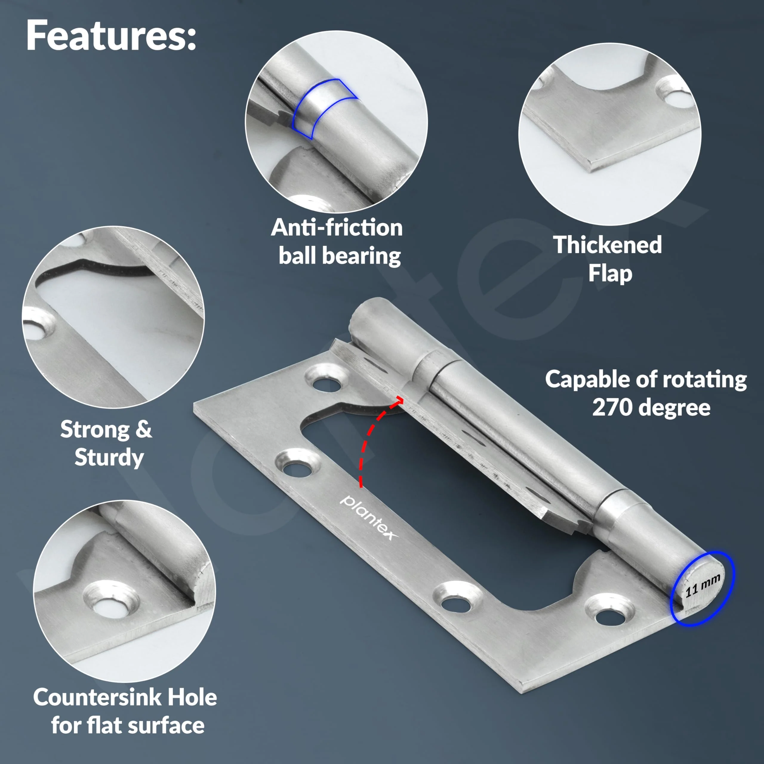 Plantex Butterfly Hinges for Door/Stainless Steel Door Hinges/Non-Mortise Hinges/4 Inch x 14 Gauge Hinges/2.5 mm Hinges for Home/Office/Hotel - Pack of 1 (Chrome) - Image 4