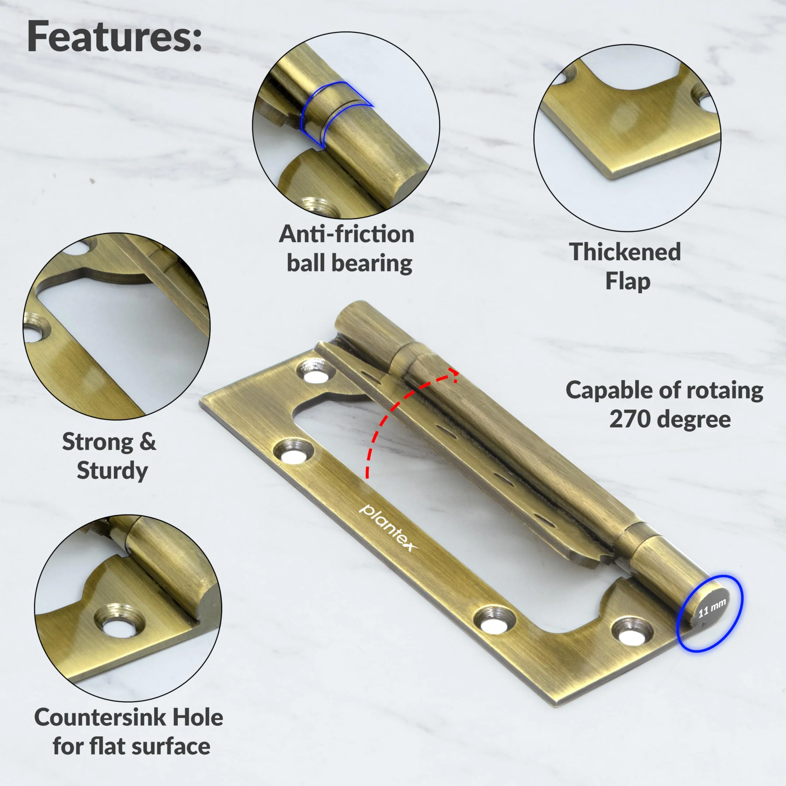 Plantex Butterfly Hinges for Door/Stainless Steel Door Hinges/Non-Mortise Hinges/5 Inch x 14 Gauge Hinges/2.5 mm Hinges for Home/Office/Hotel - Pack of 1 (Brass Antique) - Image 4