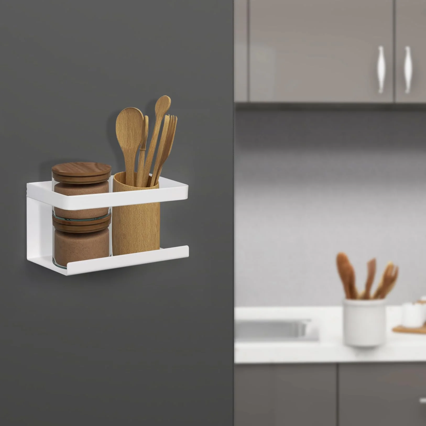 Plantex Carbon Steel Magnetic Shelf For Kitchen/Fridge Organizer Spice Rack/Shelf For Refrigerator - Wall Mount & Railing Mount, Floating Shelves (White) - Image 6