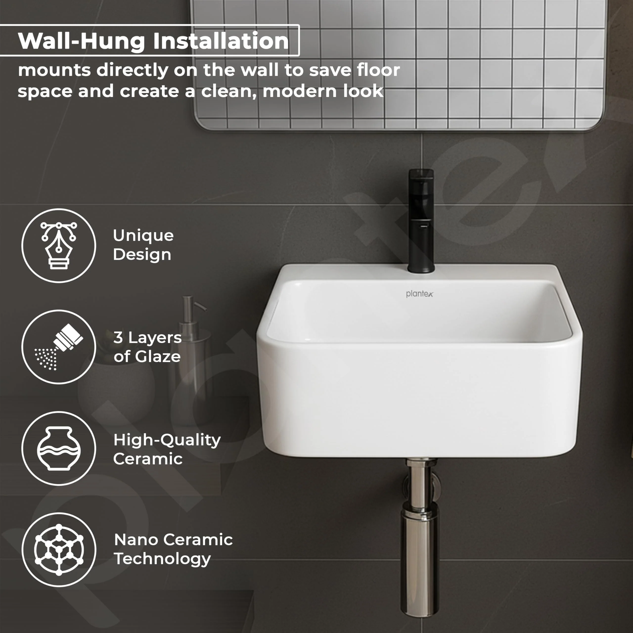 Plantex Ceramic Basin for Bathroom/One Piece Wash Basin for Bathroom with 10 Years Glaze Warranty by Plantex/Wall Mount Wash Basin for Home/Office/Hotels (White - 14 x 14 x 6 Inch) - Image 2