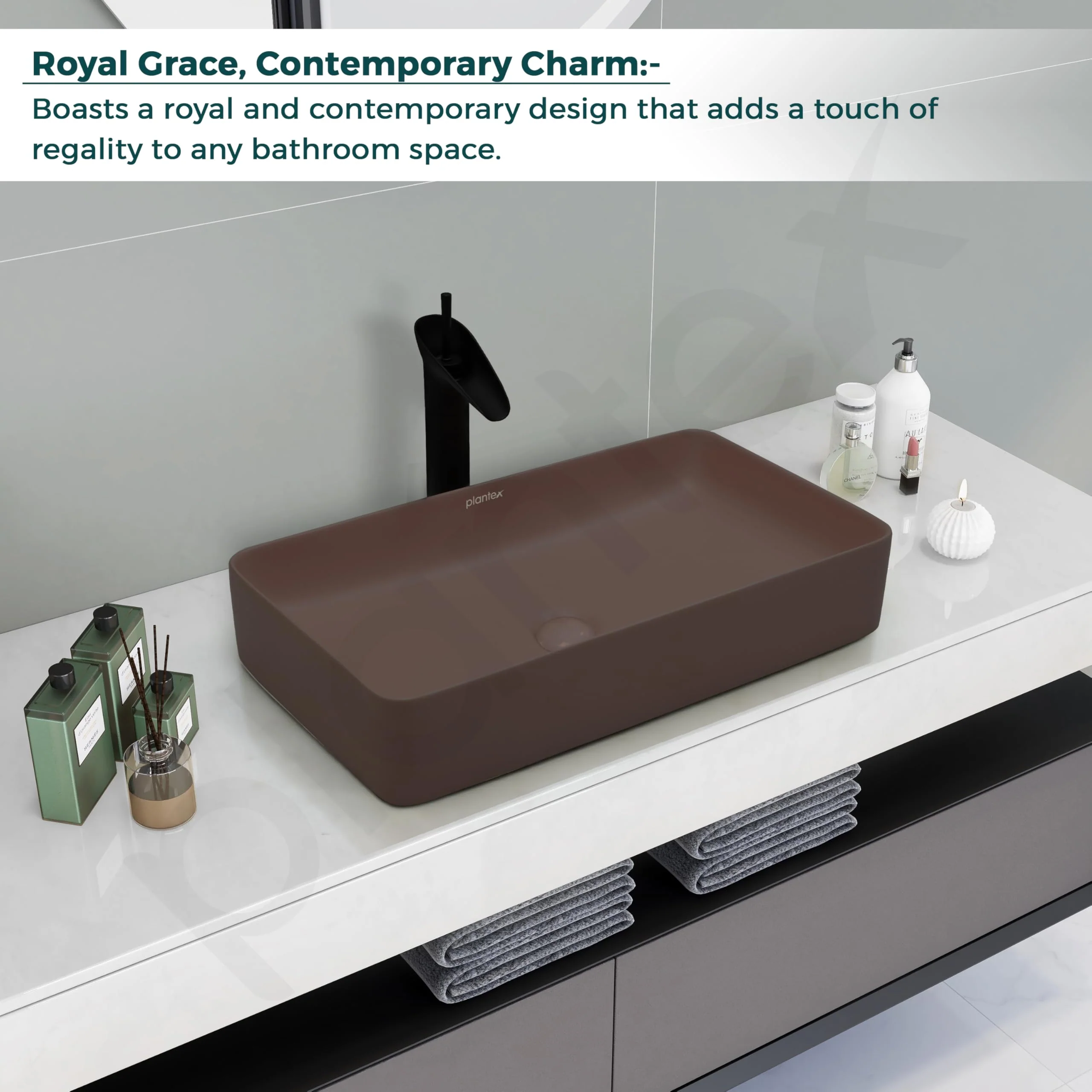 Plantex Ceramic Basin for Bathroom/Table Top Ceramic Basin/Washbasin Sink for Bathroom - (Rectangle - Matt Brown) - Image 4