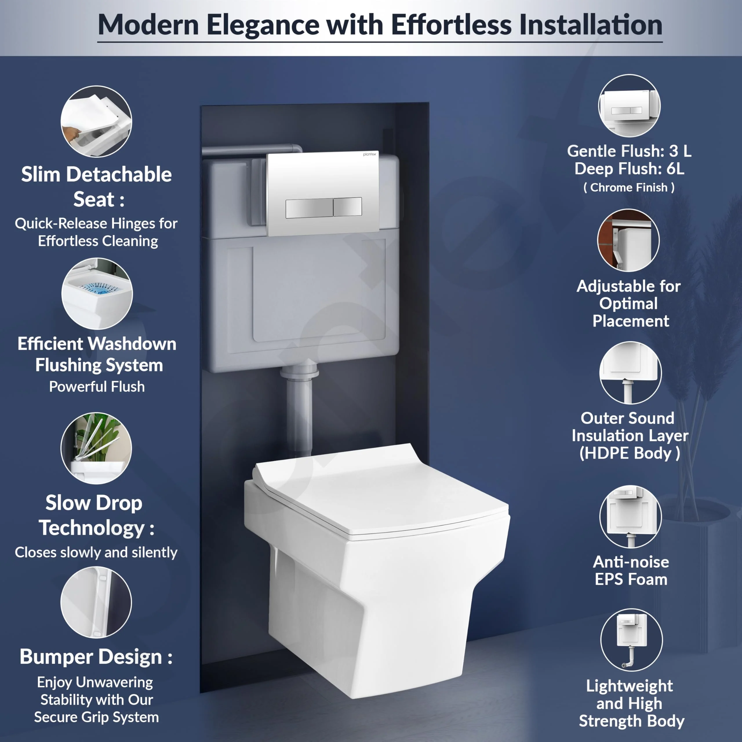 Plantex Ceramic Commode with Conceal Flush Tank/Wall Hung Commode with Dual Flush Tank/Tank with all internal accessories/Square Toilet with Soft Closing Toilet Seat – (White) - Image 4