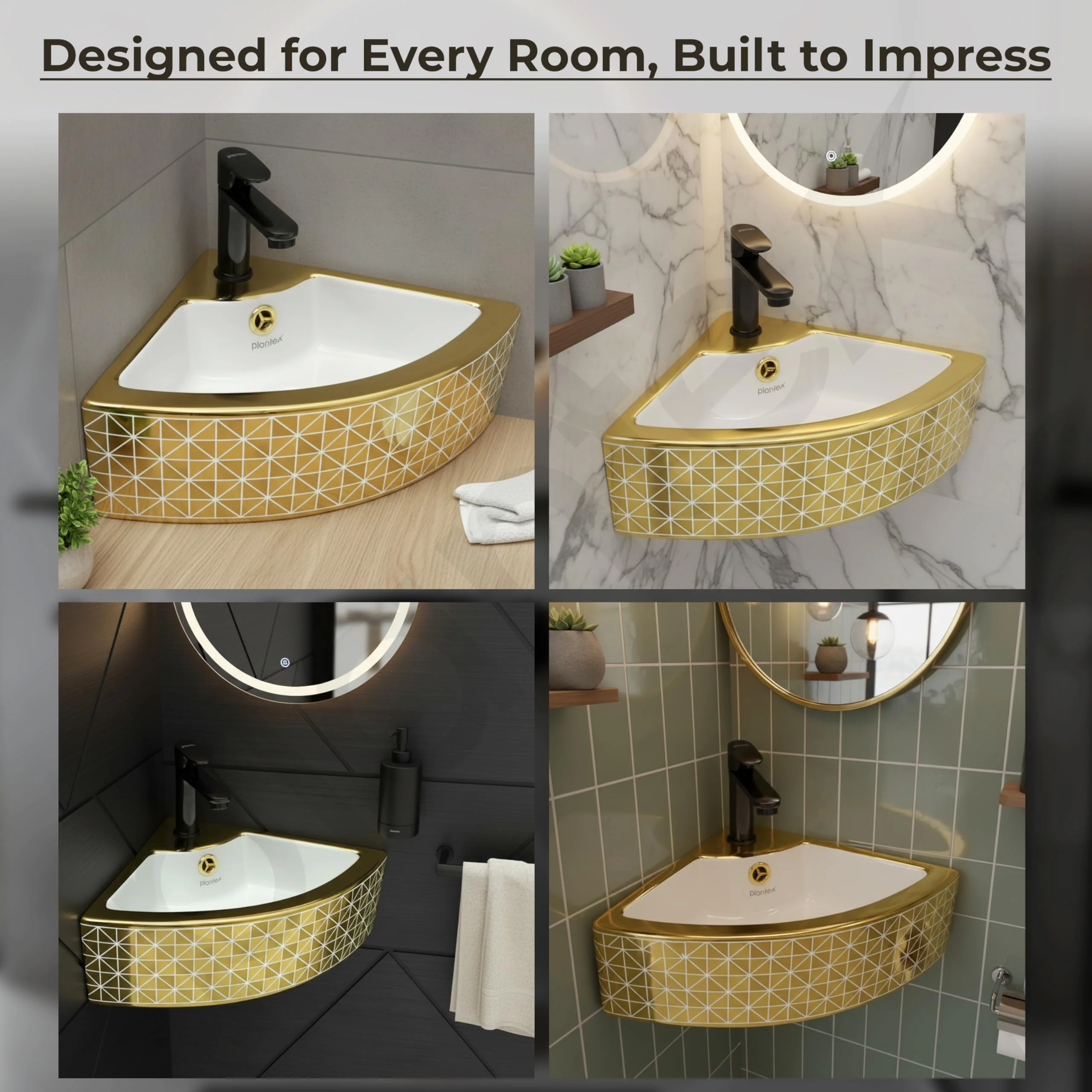 Plantex Ceramic Corner Basin/Wall Mount Washbasin for Bathroom/Small Corner Vessel Sink/Tabletop Wash Basin (Golden Cornia, 18 x 13 x 5 Inch) - Image 4