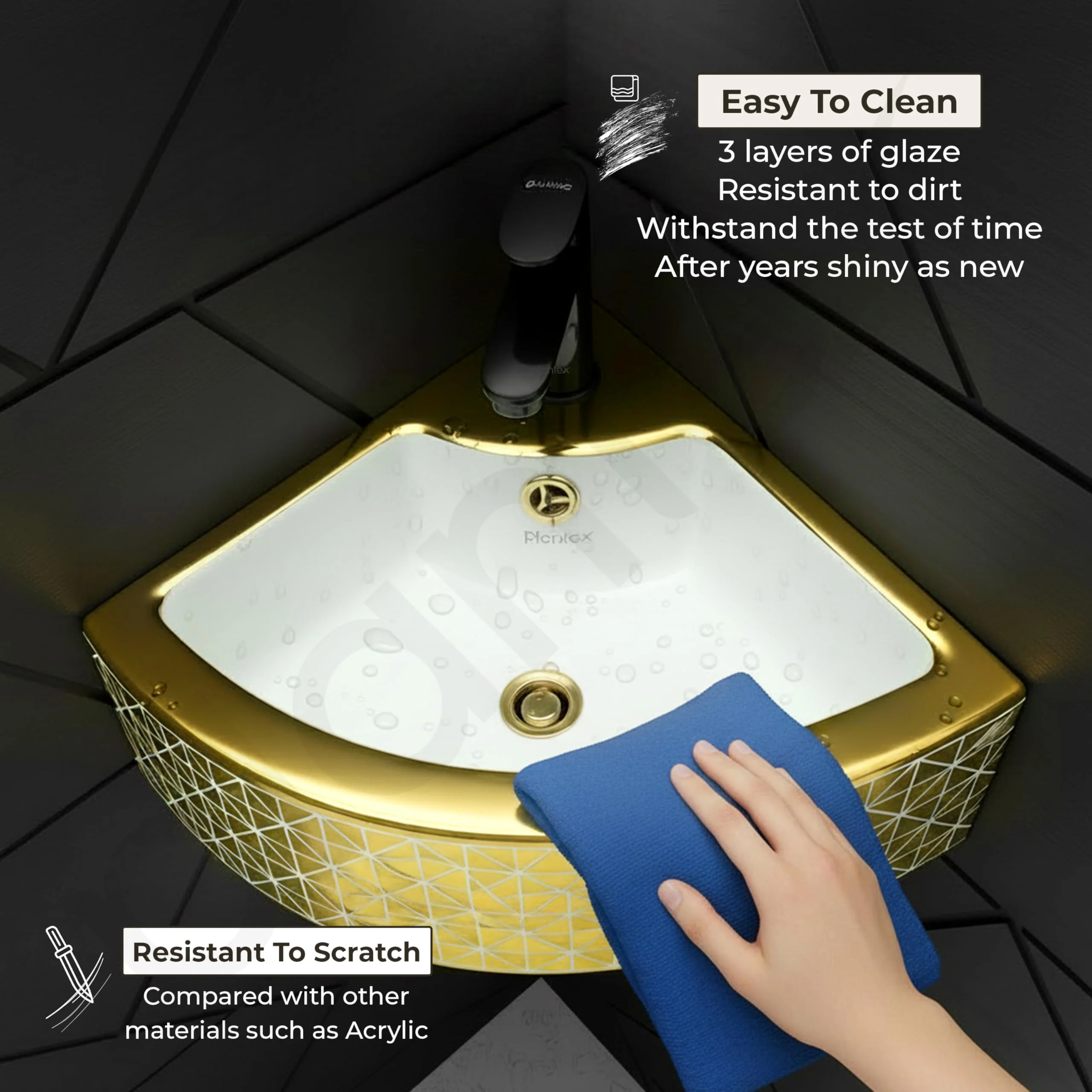Plantex Ceramic Corner Basin/Wall Mount Washbasin for Bathroom/Small Corner Vessel Sink/Tabletop Wash Basin (Golden Cornia, 18 x 13 x 5 Inch) - Image 5