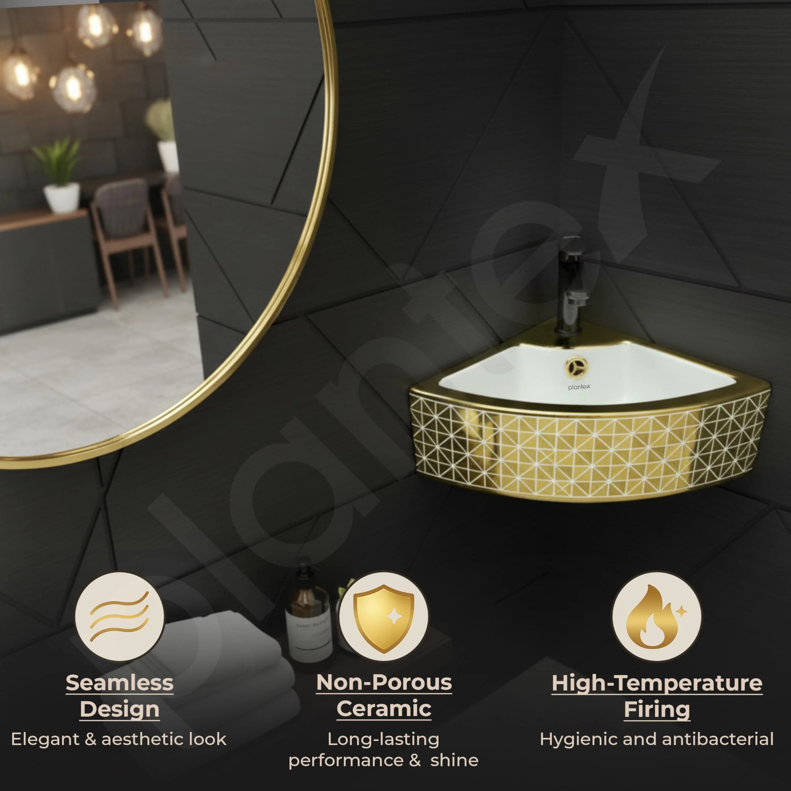 Plantex Ceramic Corner Basin/Wall Mount Washbasin for Bathroom/Small Corner Vessel Sink/Tabletop Wash Basin (Golden Cornia, 18 x 13 x 5 Inch) - Image 7