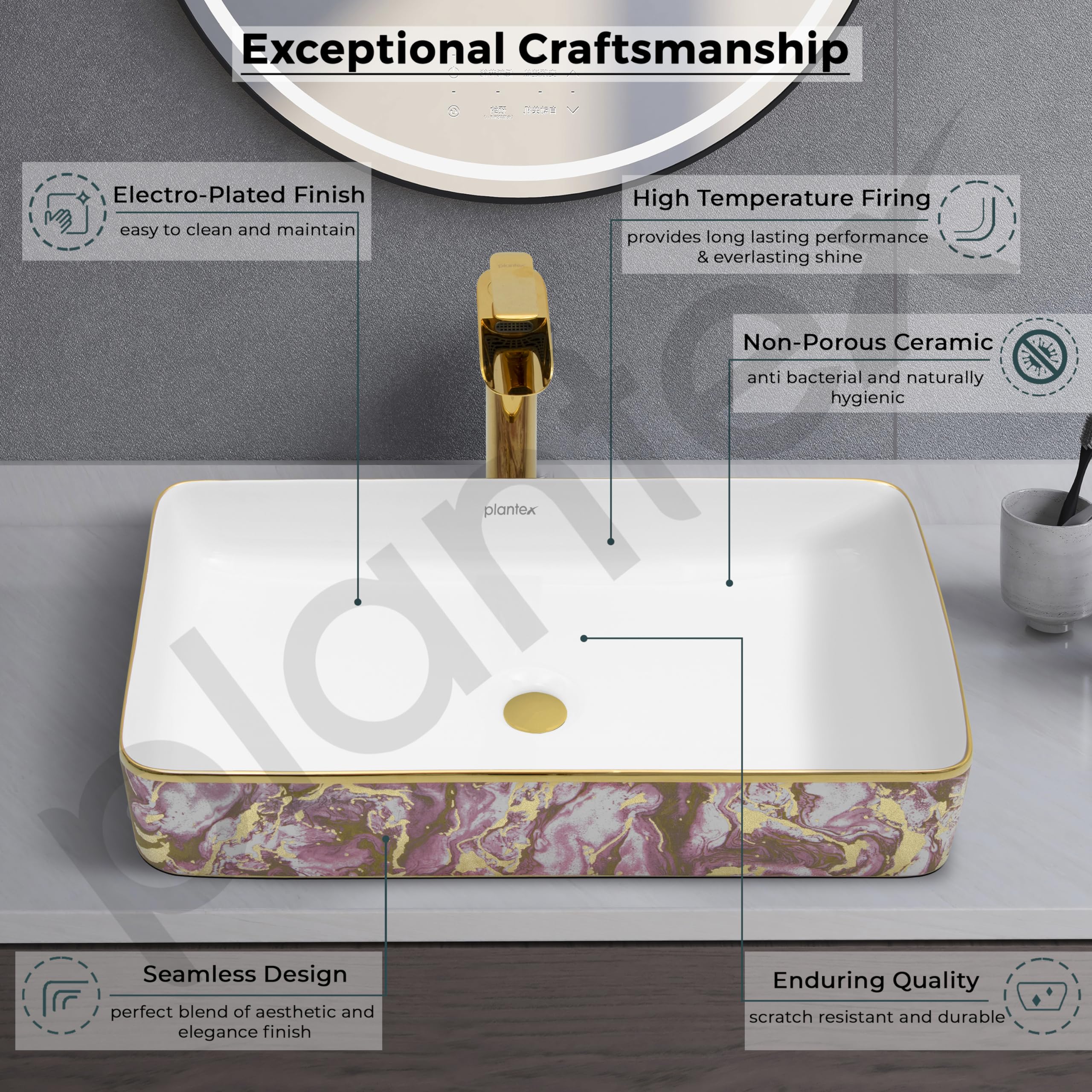 Plantex Ceramic Counter Top Washbasin for Bathroom/Table Top Wash Basin/Rectangle Bathroom Sink for Restaurant/Hotel (24 x 14 x 5 Inch) - Image 3