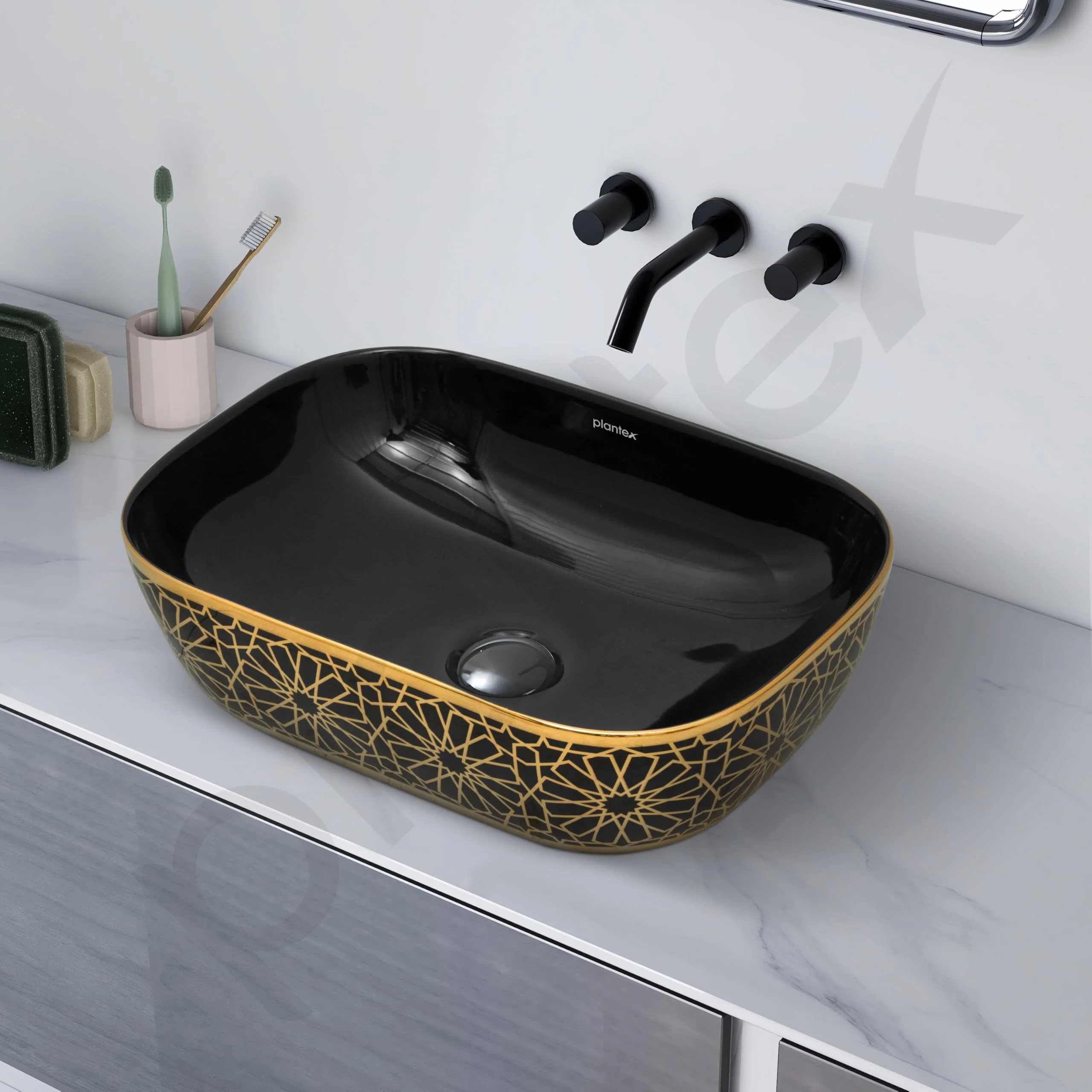 Plantex Ceramic Designer Washbasin for Bathroom/Countertop Basin/Rectangle Tabletop Wash Basin for Home/Office (Black & Gold - 18 x 13 x 5 Inch) - Image 6