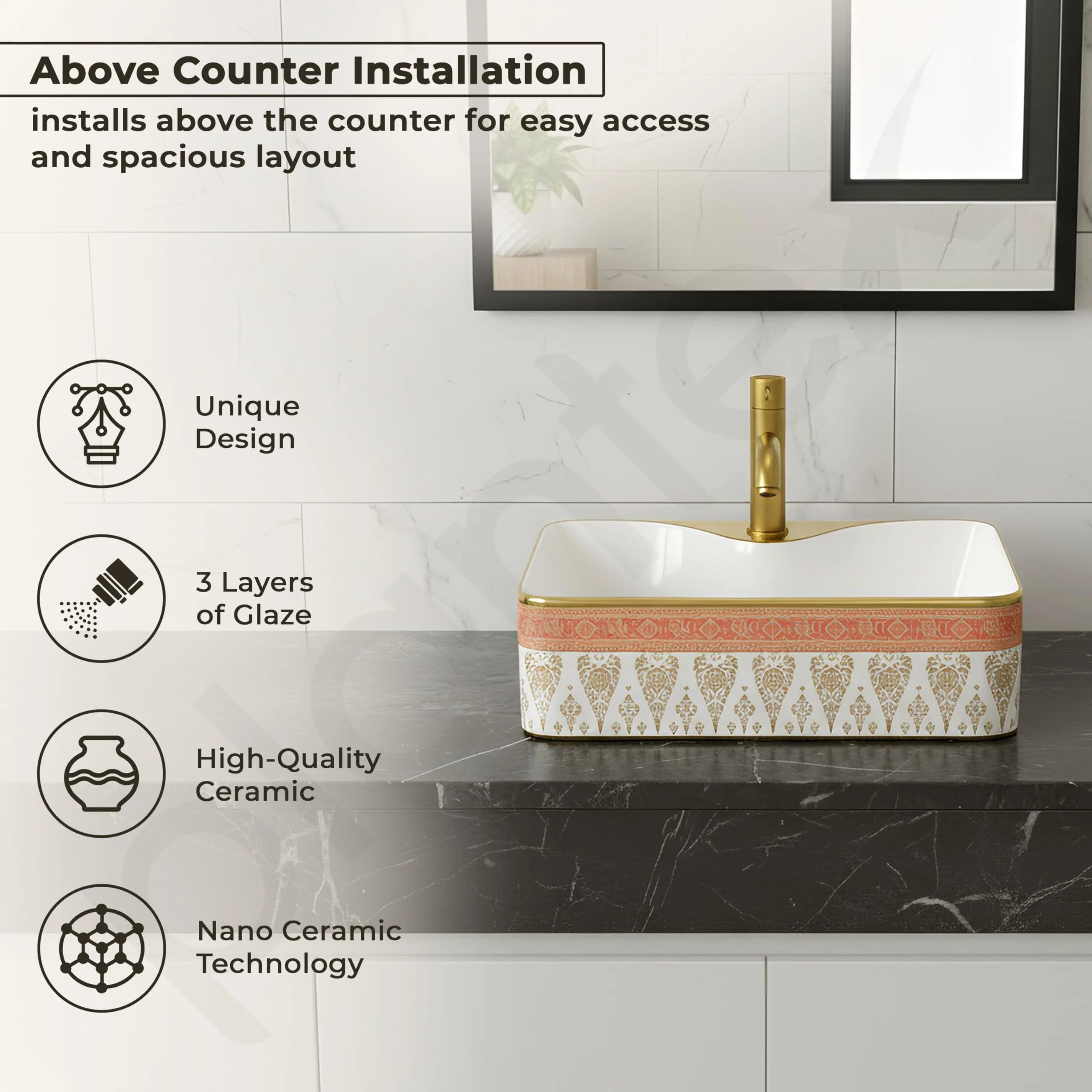 Plantex Ceramic Designer Washbasin for Bathroom/Countertop Basin/Rectangle Tabletop Wash Basin for Restaurant/Hotel (19 x 15 x 5.5 Inch-White & Gold) - Image 2