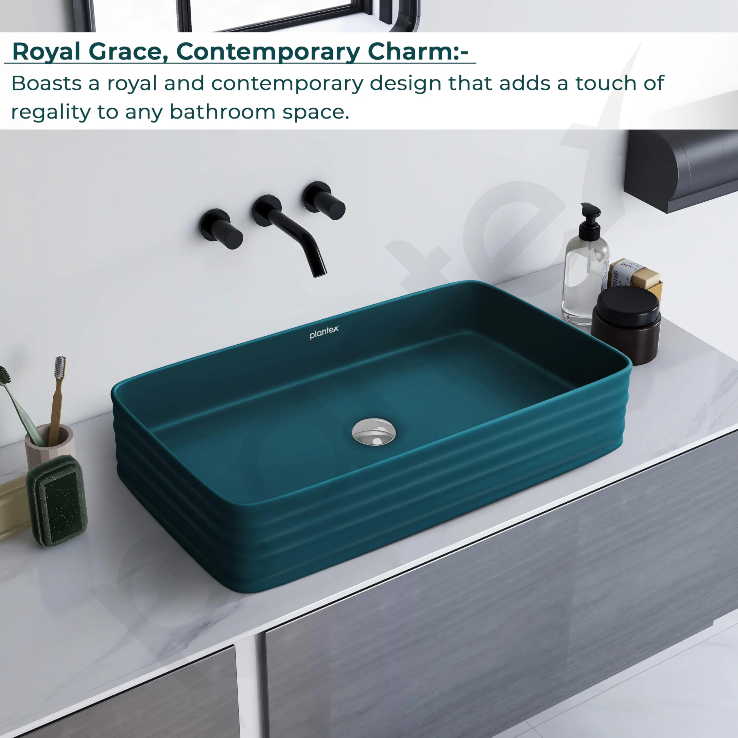 Plantex Ceramic Designer Washbasin for Bathroom/Countertop Bathroom Basin/Rectangle Tabletop Wash Basin for Home/Office/Restaurant (Pine Blue - 26 x 15 x 5 Inch) - Image 2