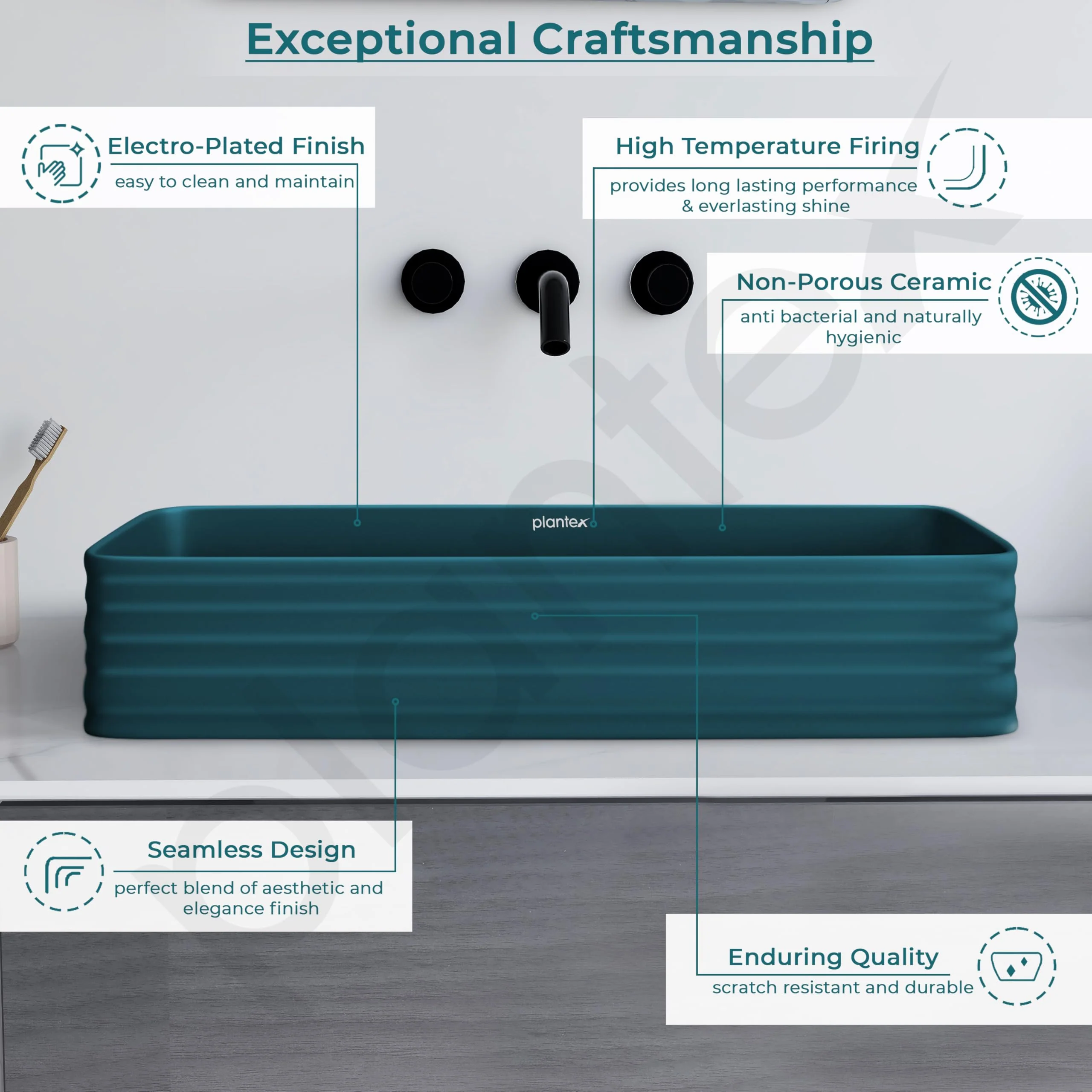 Plantex Ceramic Designer Washbasin for Bathroom/Countertop Bathroom Basin/Rectangle Tabletop Wash Basin for Home/Office/Restaurant (Pine Blue - 26 x 15 x 5 Inch) - Image 4