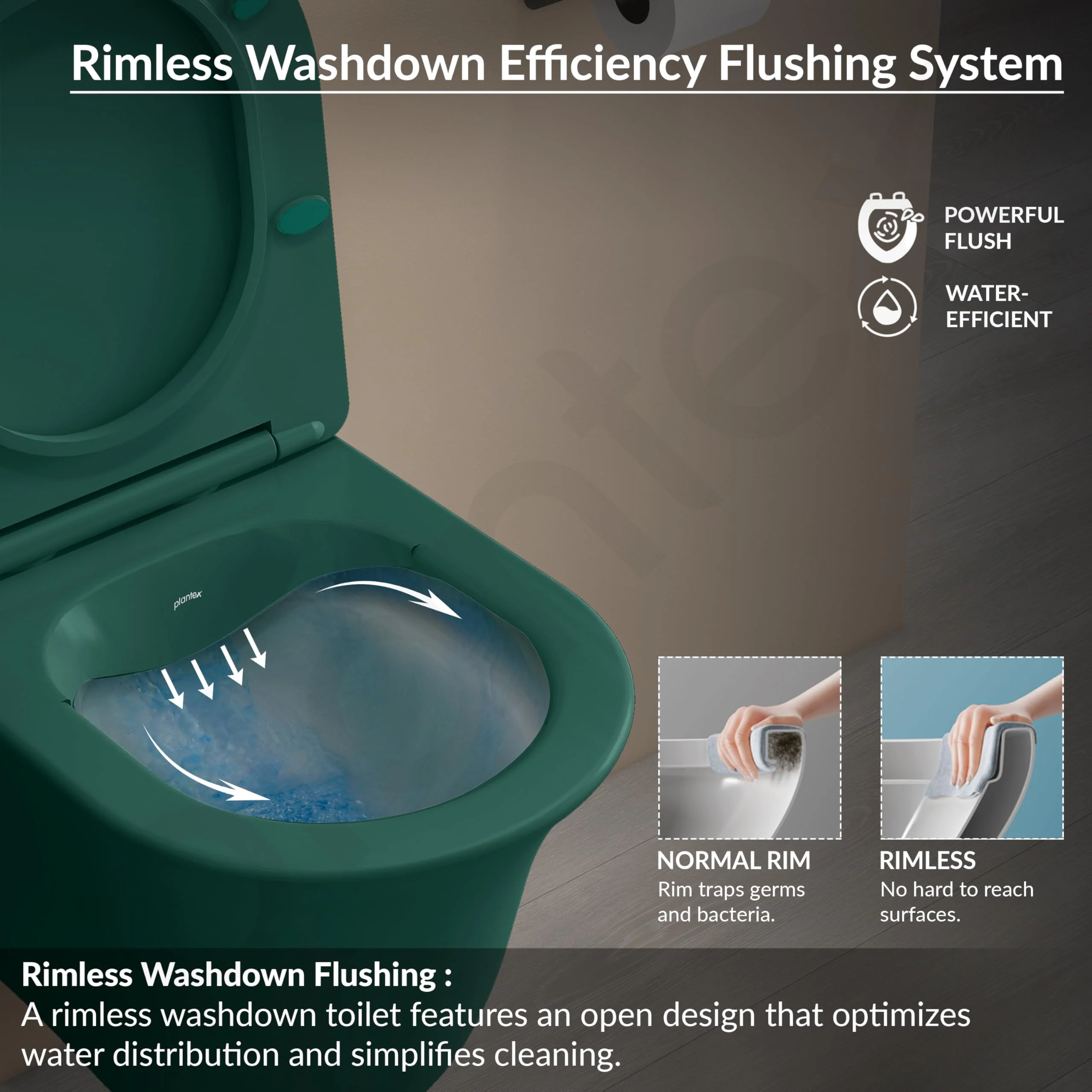 Plantex Ceramic Imported Commode Toilet/Rimless Washdown Wall Mounted Commode with Soft Closing Toilet Seat - P Trap Outlet (1164 - Matt Green) - Image 2