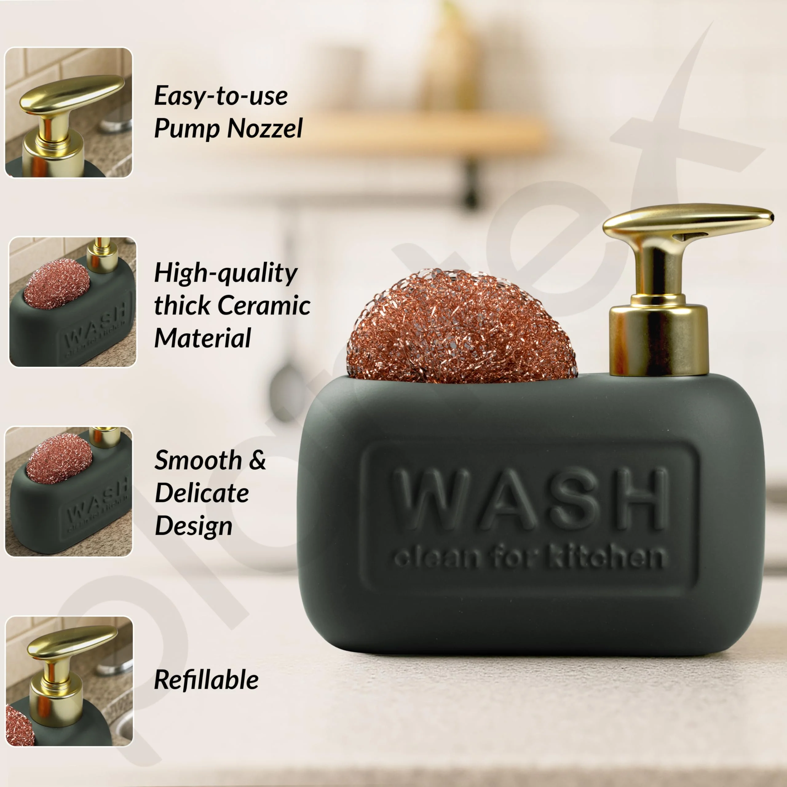 Plantex Ceramic Soap Dispenser with Scruber/Liquid Soap Dispenser/Sink Dish Washing Soap Dispenser Set/Soap Dispenser for Wash Basin Ceramic - Bathroom Accessories - Image 2
