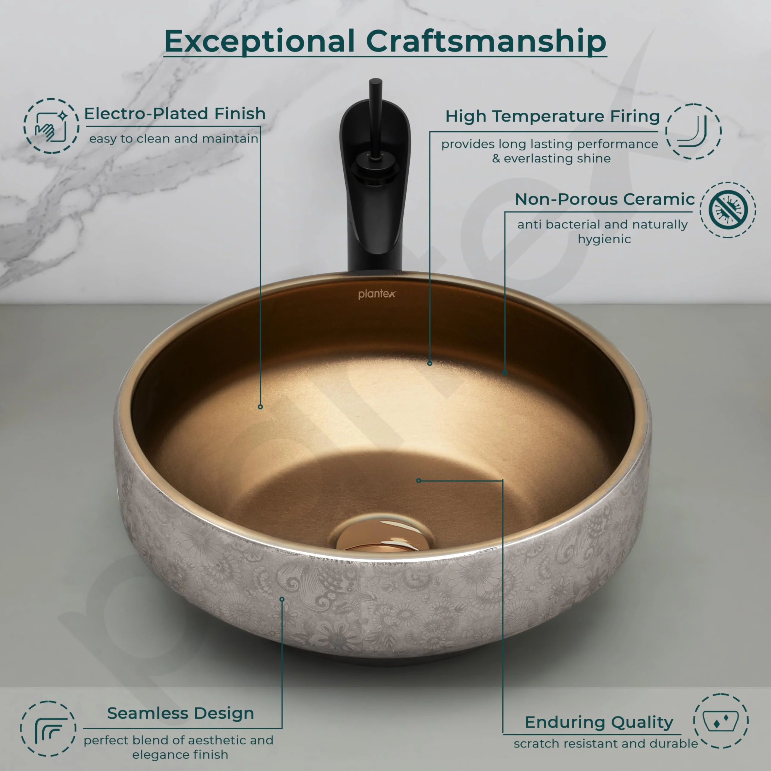 Plantex Ceramic Table Top Wash Basin for Bathroom/Countertop Vessel Sink Basin/Round Washbasin - Indo-European Collection (16 x 16 x 6.5 Inch) - Image 3