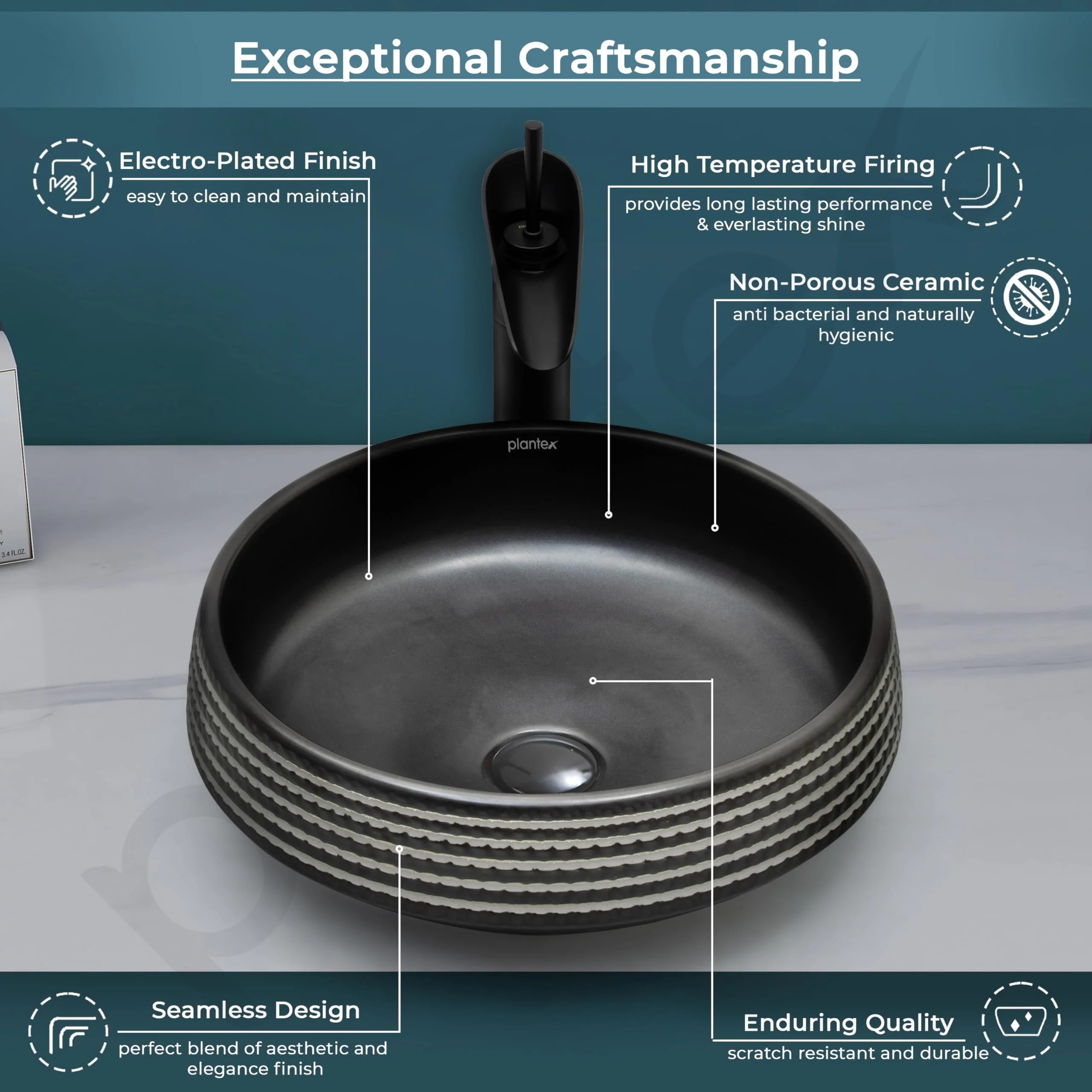 Plantex Ceramic Table Top Washbasin/Designer Round Wash Basin/Countertop Bathroom Basin/Sink for Bathroom(15 x 15 x 5.5 Inch) - Image 3