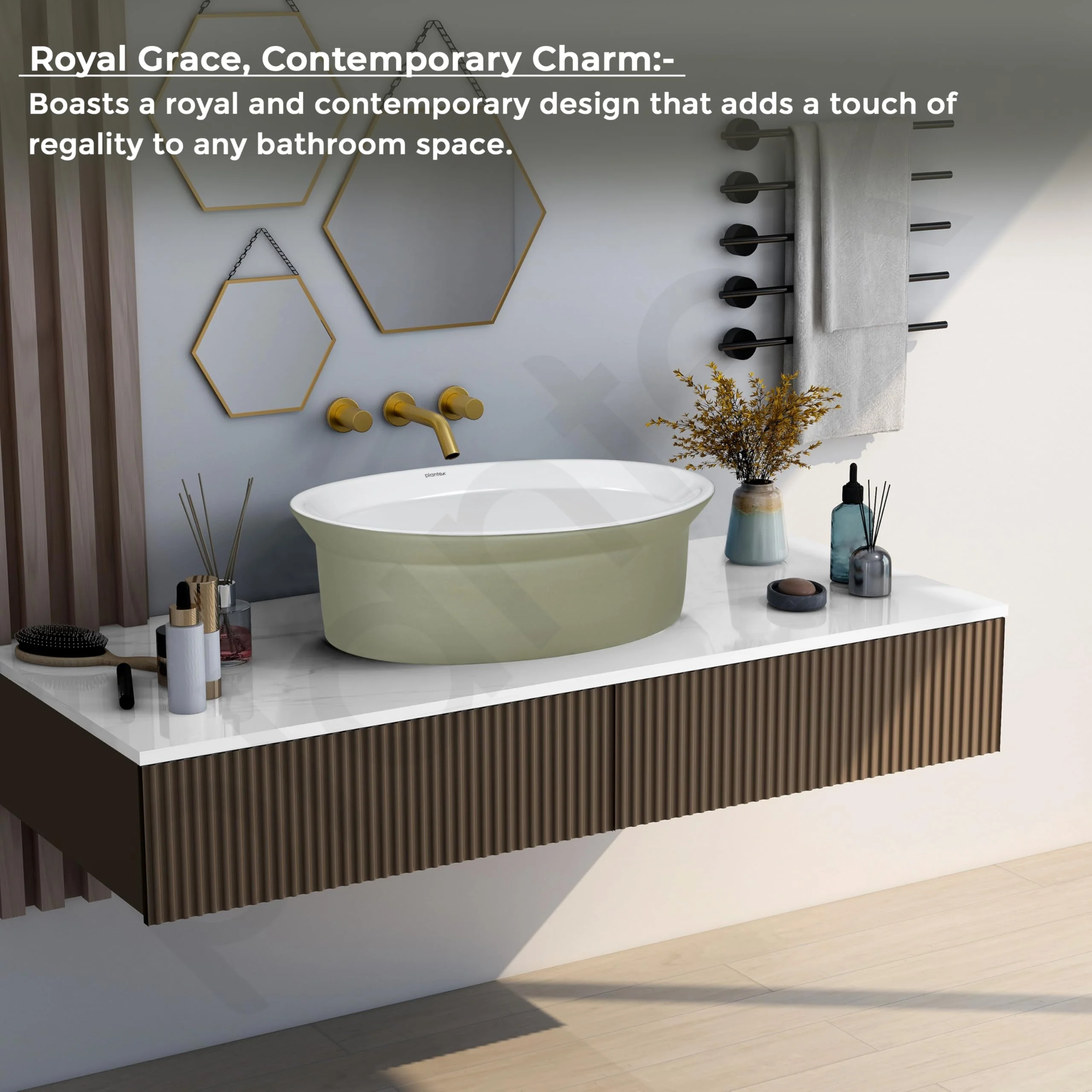 Plantex Ceramic Table Top Washbasin for Bathroom/Countertop Basin/Oval Counter Top Wash Basin for Home/Office/Hotel (21x16x6 Inch - White&Green) - Image 2