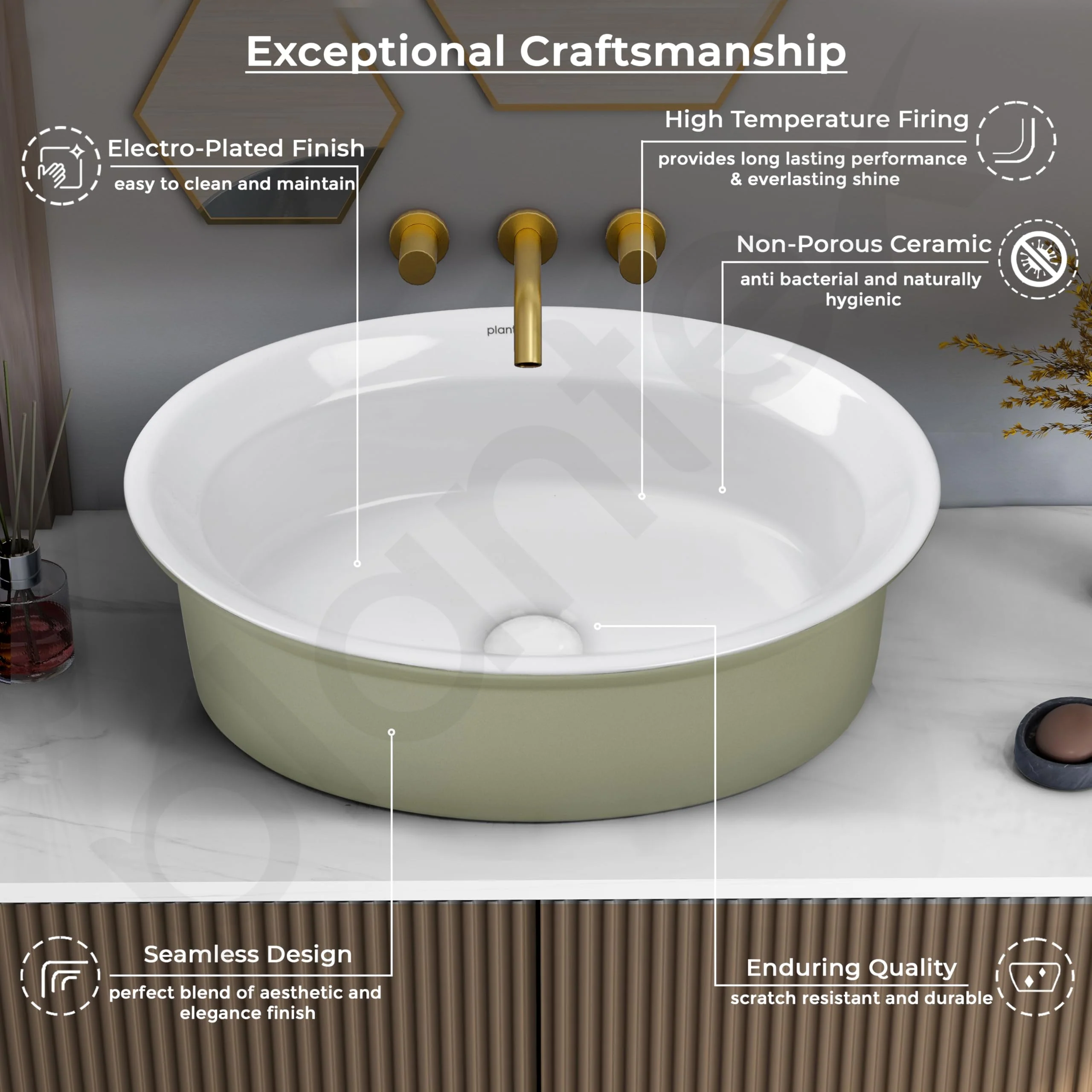 Plantex Ceramic Table Top Washbasin for Bathroom/Countertop Basin/Oval Counter Top Wash Basin for Home/Office/Hotel (21x16x6 Inch - White&Green) - Image 3