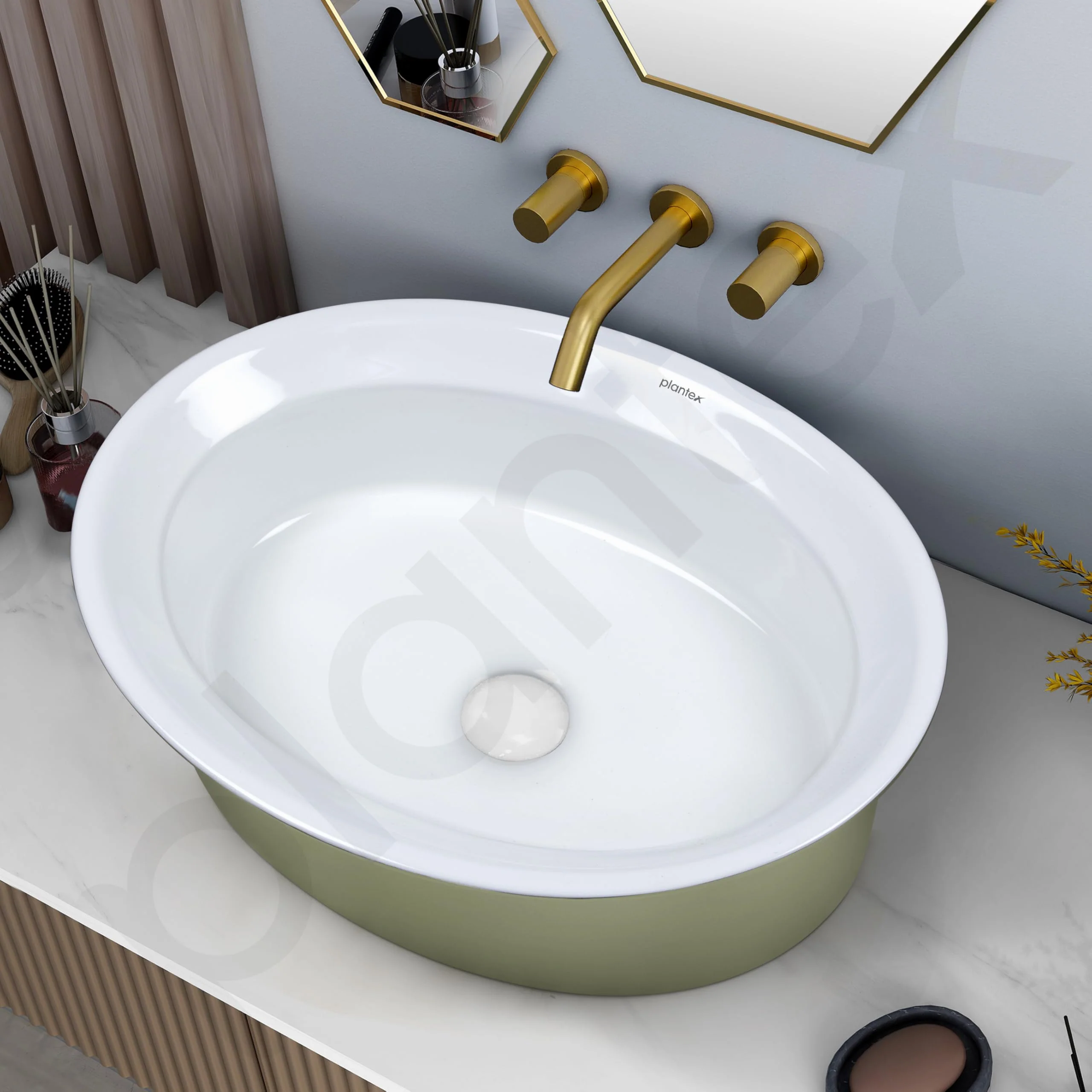 Plantex Ceramic Table Top Washbasin for Bathroom/Countertop Basin/Oval Counter Top Wash Basin for Home/Office/Hotel (21x16x6 Inch - White&Green) - Image 6