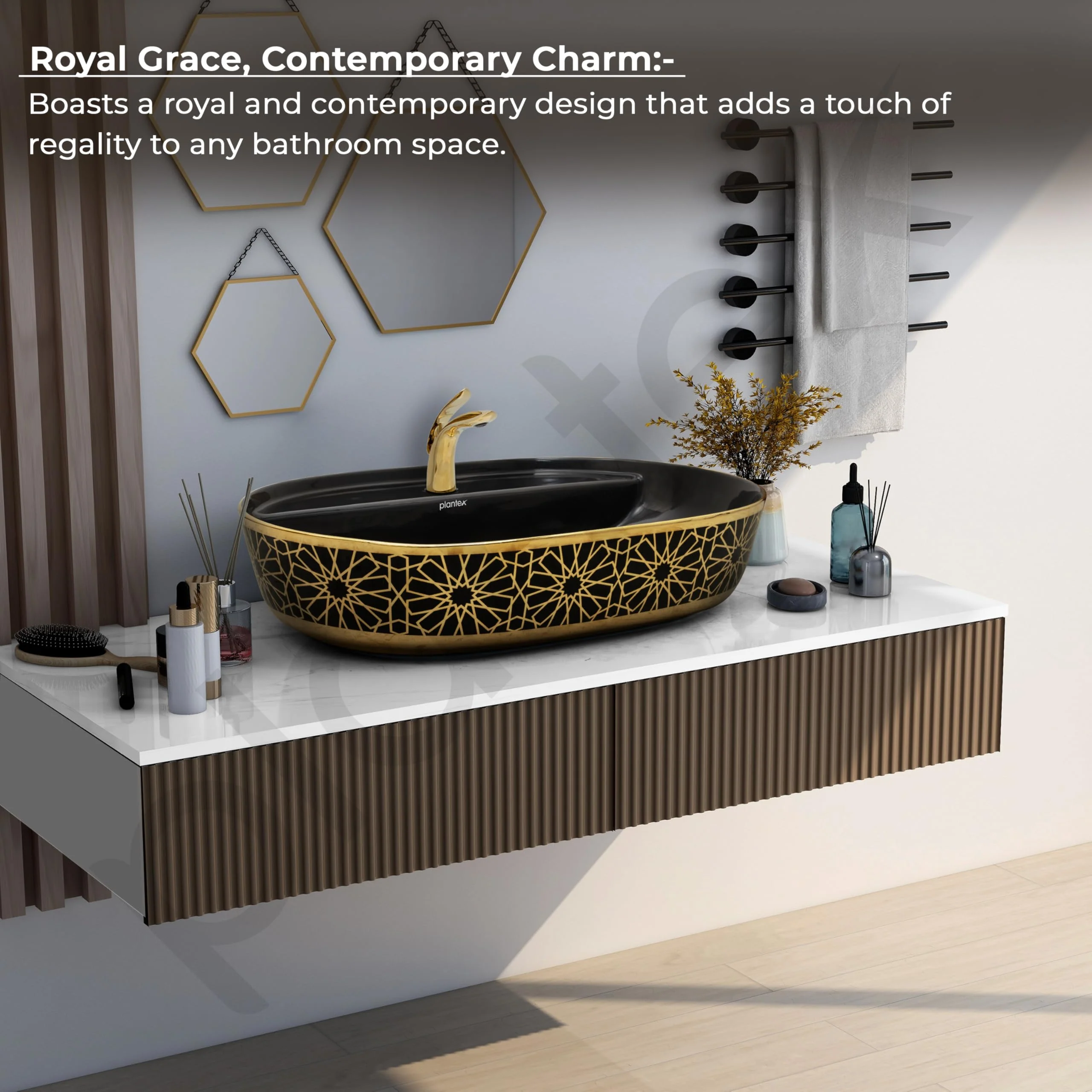 Plantex Ceramic Tabletop Wash Basin for Bathroom/Counter Top Washbasin/Oval Vessel Sink Basin for Home/Hotel/Office (24x16x5.5 Inch - Black & Gold) - Image 2