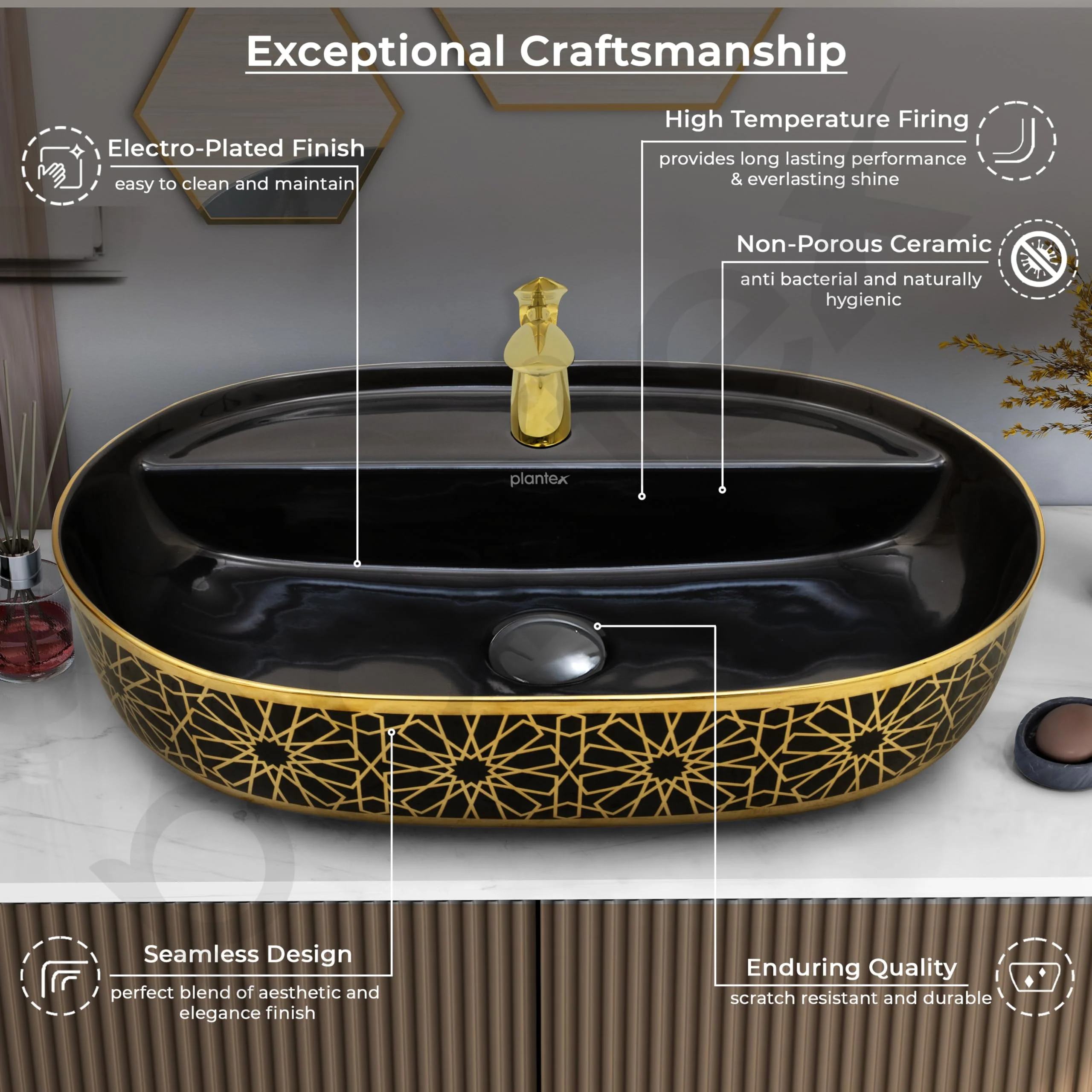 Plantex Ceramic Tabletop Wash Basin for Bathroom/Counter Top Washbasin/Oval Vessel Sink Basin for Home/Hotel/Office (24x16x5.5 Inch - Black & Gold) - Image 5