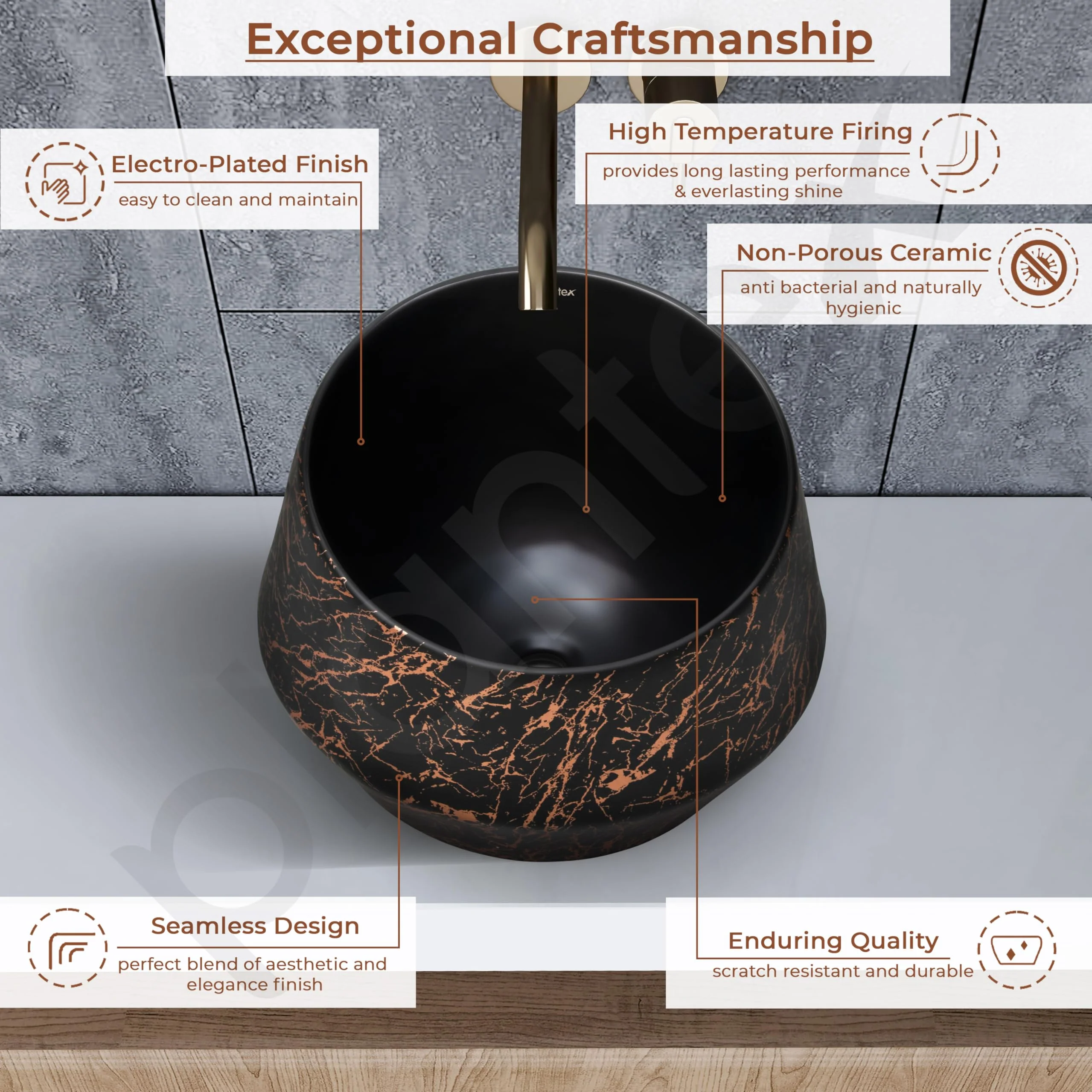 Plantex Ceramic Tabletop Washbasin/Bathroom Basin Sink/Basin for Bathroom/Wash Basin for Restaurant/Hotel (Black & Gold - 16.5 x 16.5 x 13 Inch) - Image 4