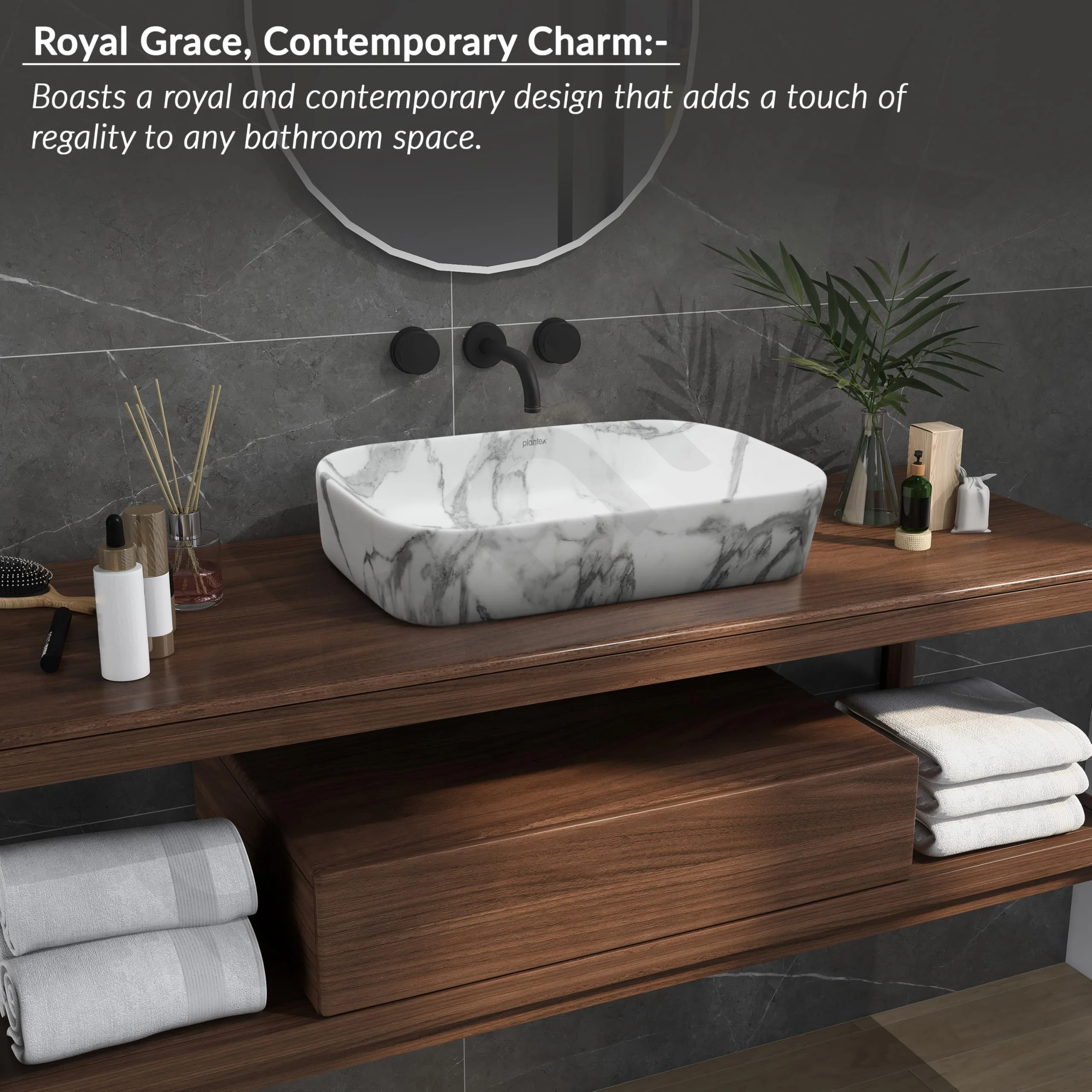 Plantex Ceramic Tabletop Washbasin for Bathroom/Designer Counter Top Hand Wash Basin/Rectangle Bathroom sink for Home/Office (21.5x14x5 Inch -Marble Finish) - Image 2