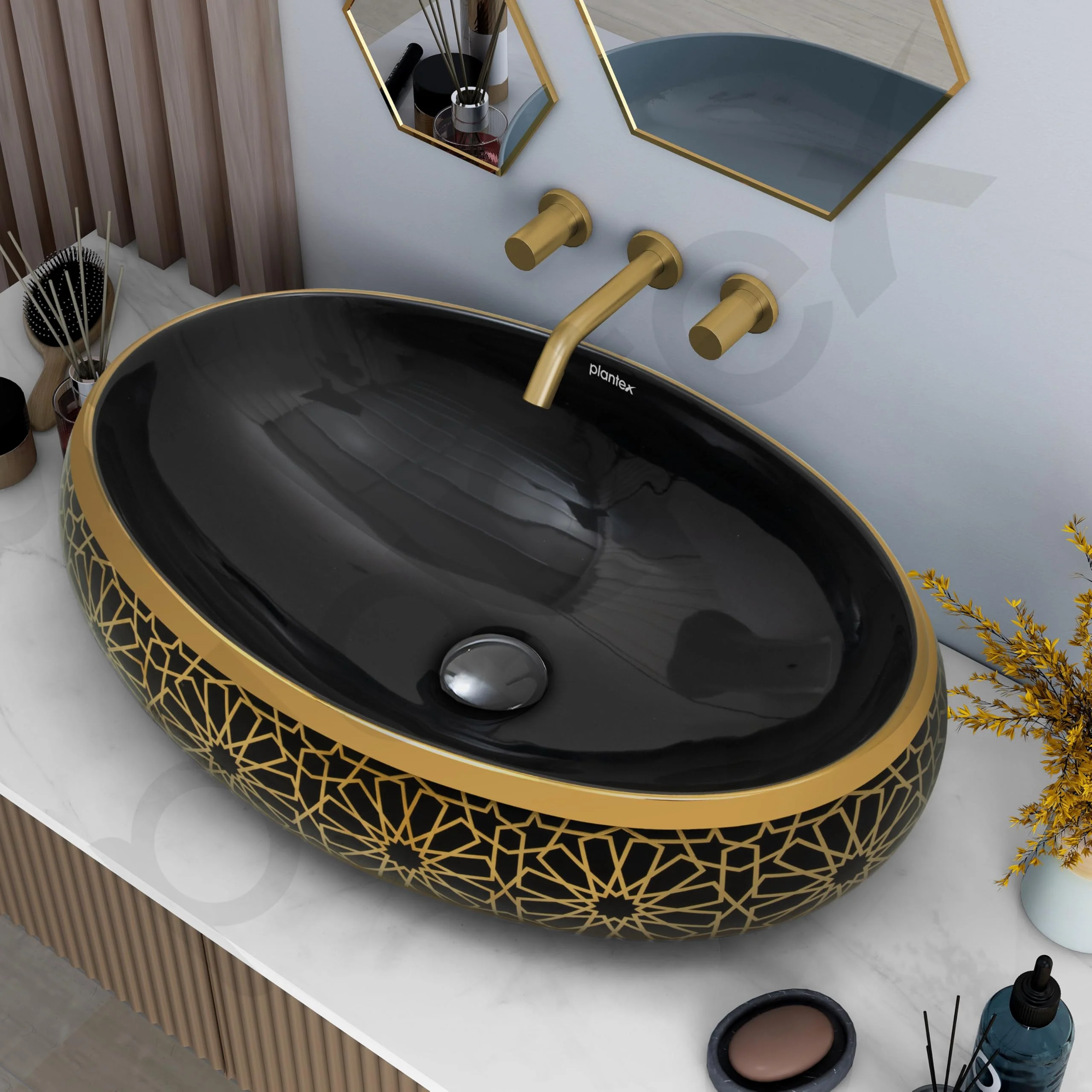 Plantex Ceramic Tabletop Washbasin for Bathroom/Designer Hand Wash Basin/Oval Vessel Sink Basin for Home/Hotel (23.5x16.5x6 Inch - Black & Gold) - Image 6